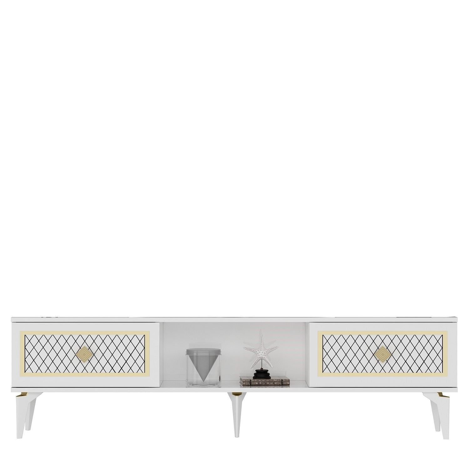Móvel de TV – 150 cm x 44,6 cm x 29,6 cm – Branco e Dourado – Painéis de partículas revestidos a melamina