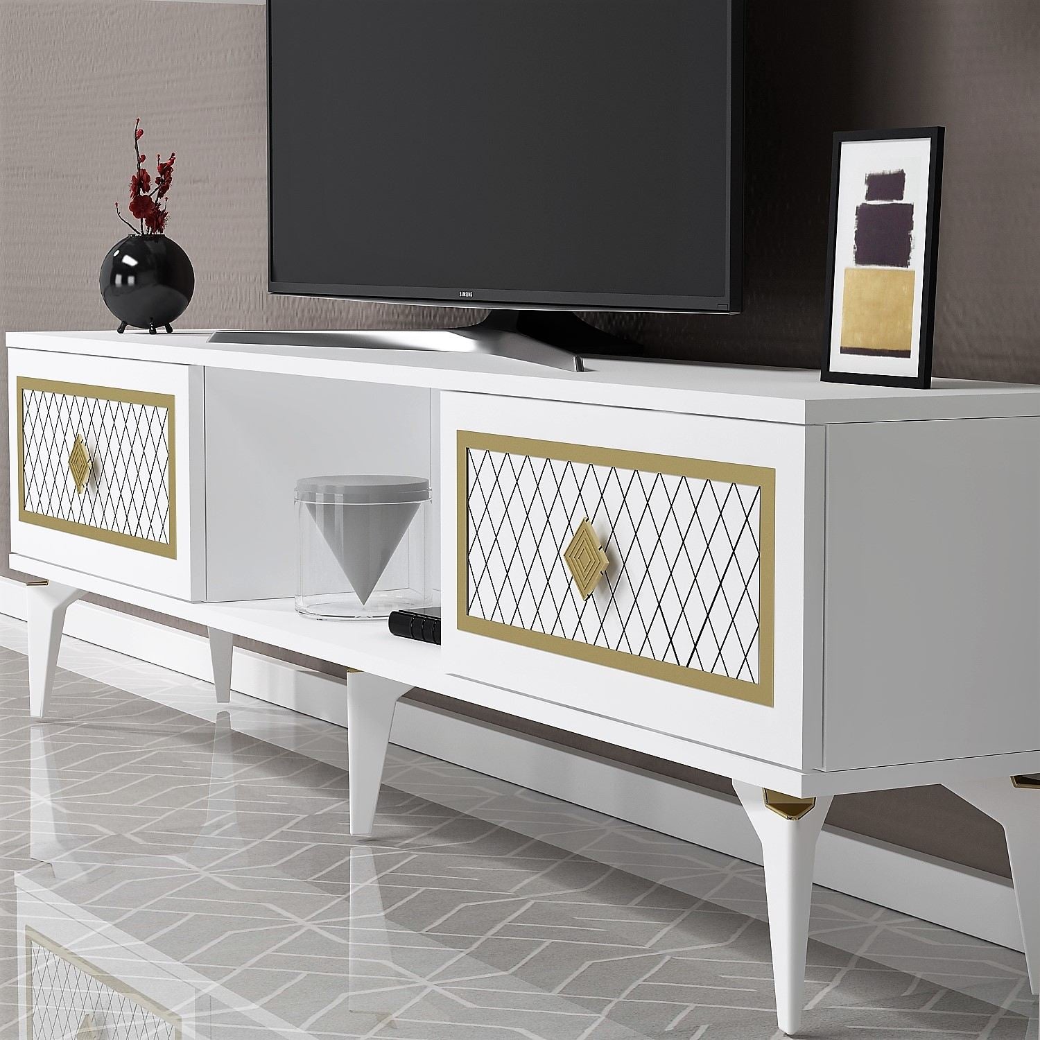 Móvel de TV – 150 cm x 44,6 cm x 29,6 cm – Branco e Dourado – Painéis de partículas revestidos a melamina