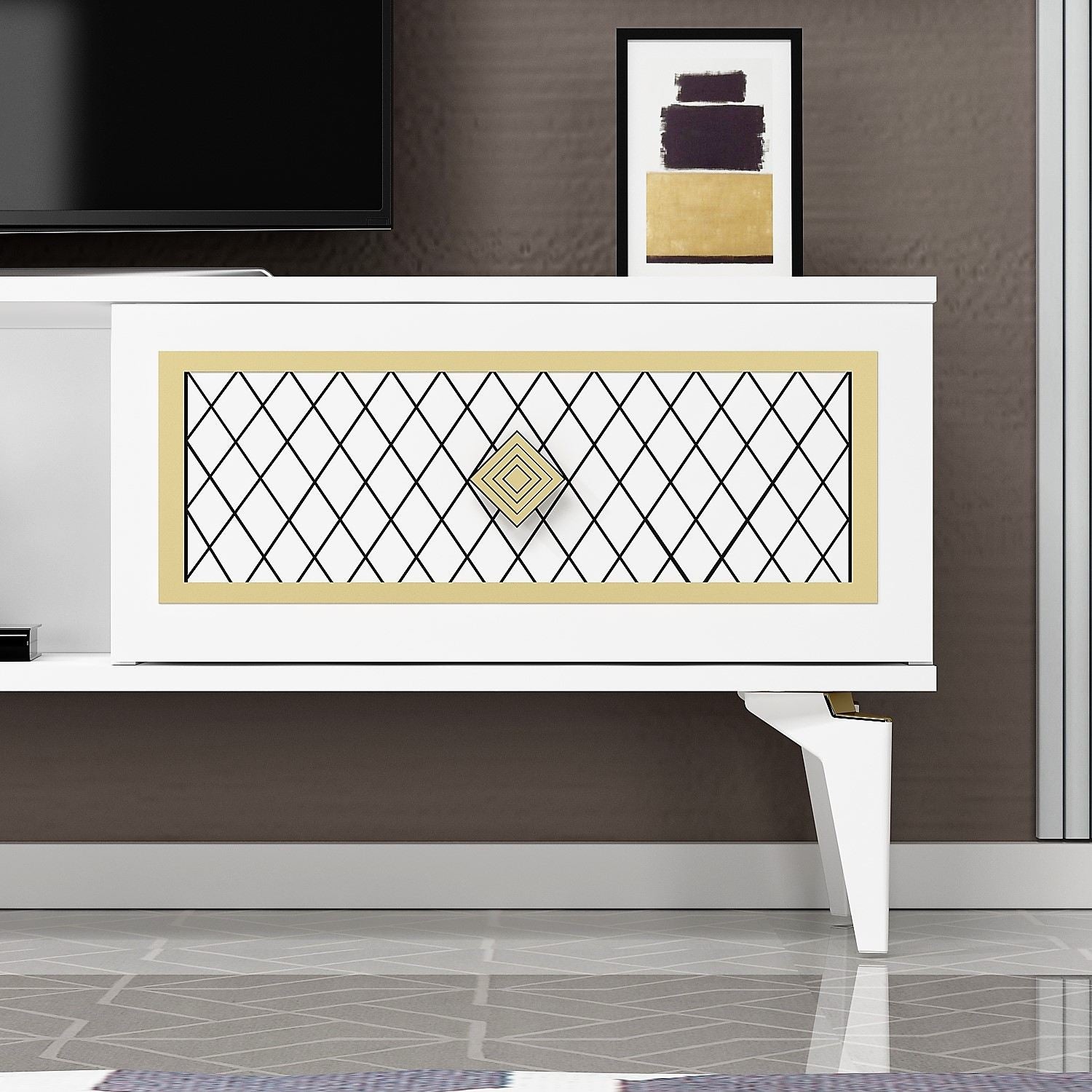 Móvel de TV – 150 cm x 44,6 cm x 29,6 cm – Branco e Dourado – Painéis de partículas revestidos a melamina