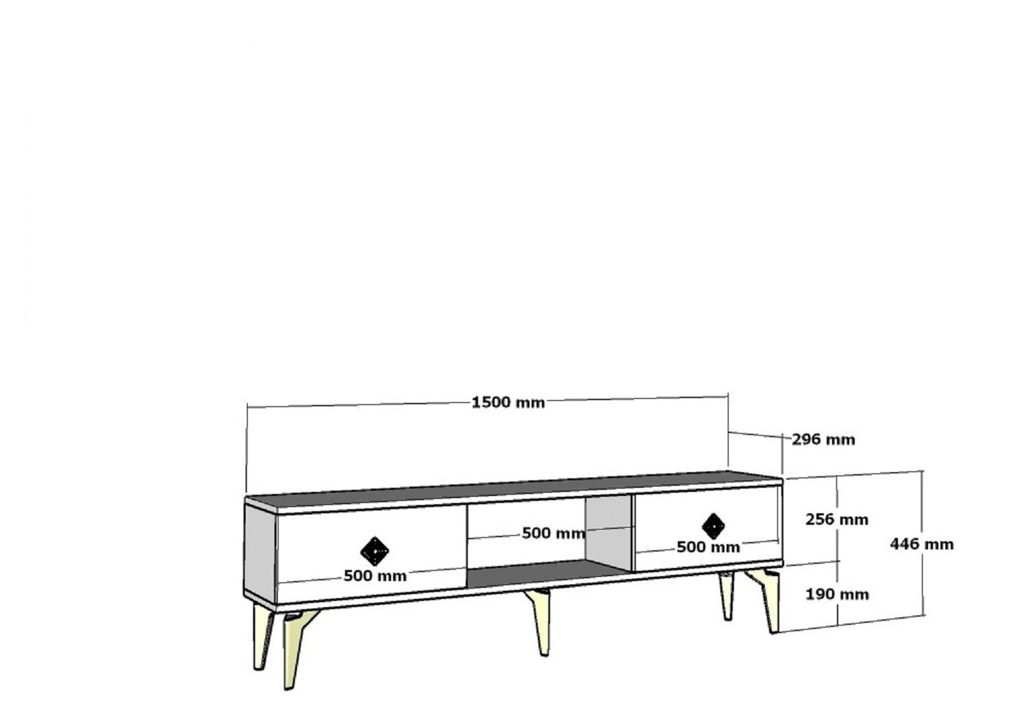 Móvel de TV – 150 cm x 44,6 cm x 29,6 cm – Branco e Dourado – Painéis de partículas revestidos a melamina