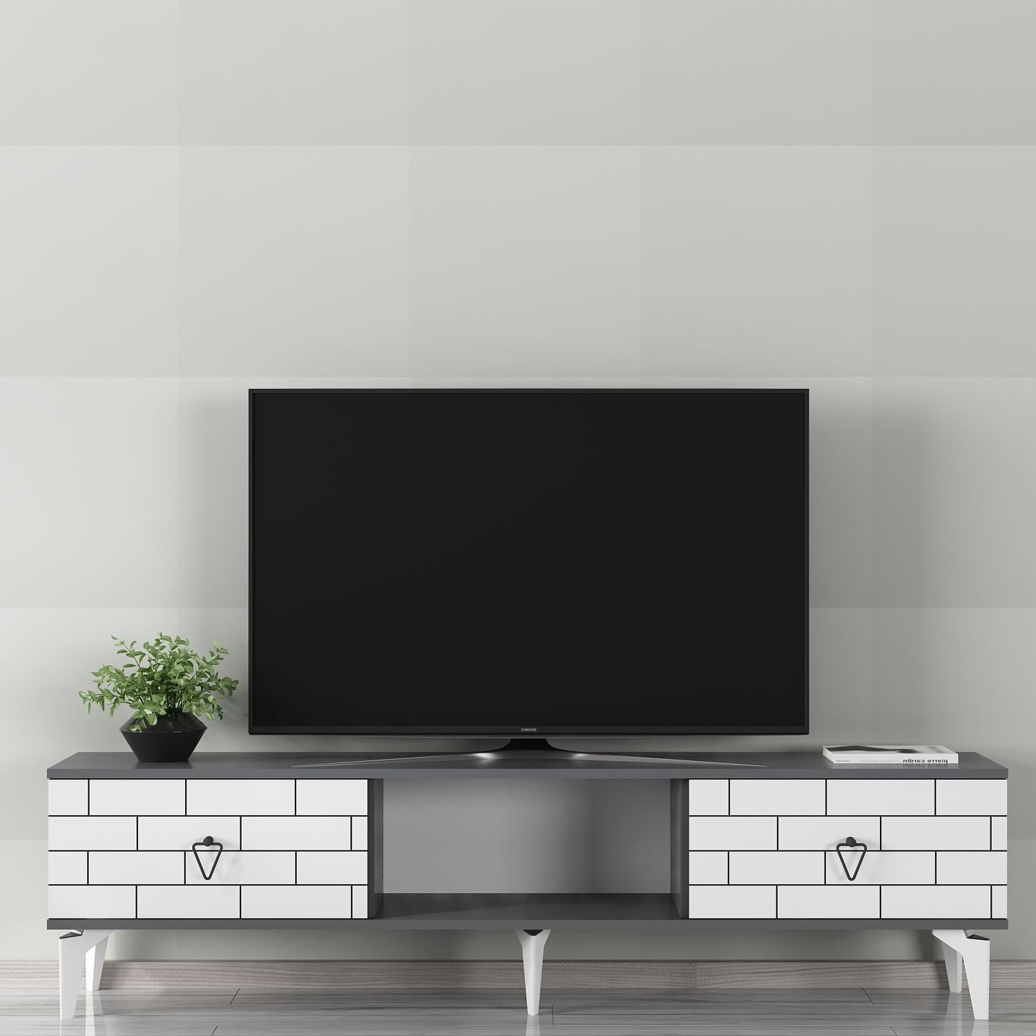 Móvel de TV – 150 cm x 44,6 cm x 29,6 cm – Antracite e Branco – Painel de partículas revestido a melamina