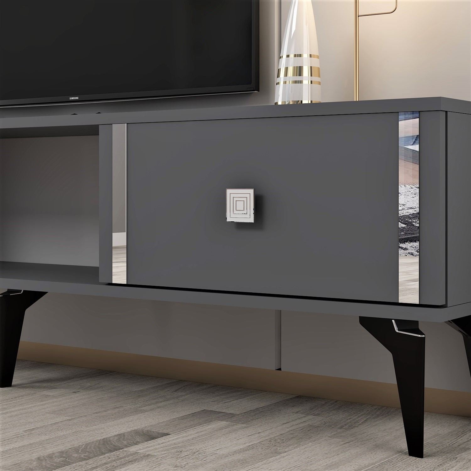 Móvel de TV – 150 cm largura – Antracite e Prata – Painéis de partículas revestidos a melamina
