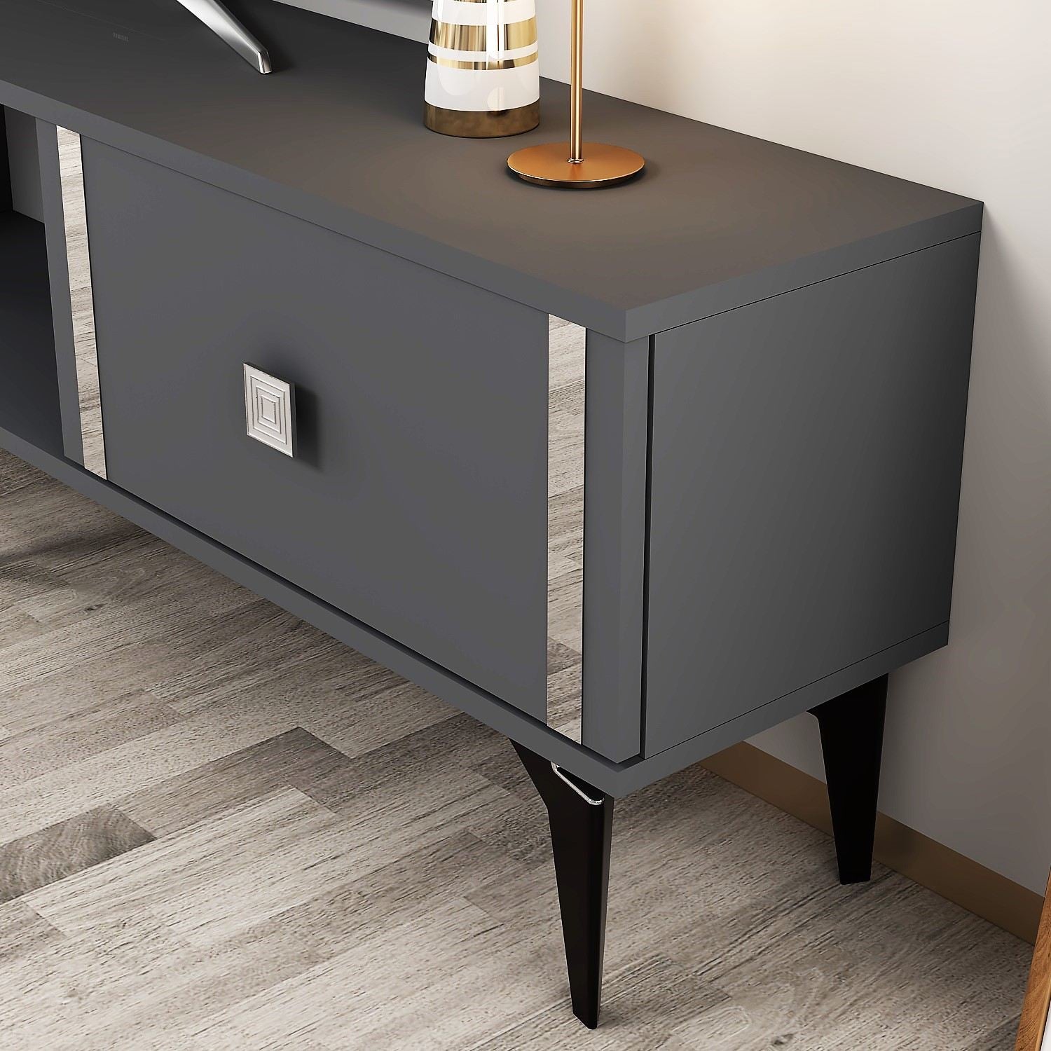 Móvel de TV – 150 cm largura – Antracite e Prata – Painéis de partículas revestidos a melamina