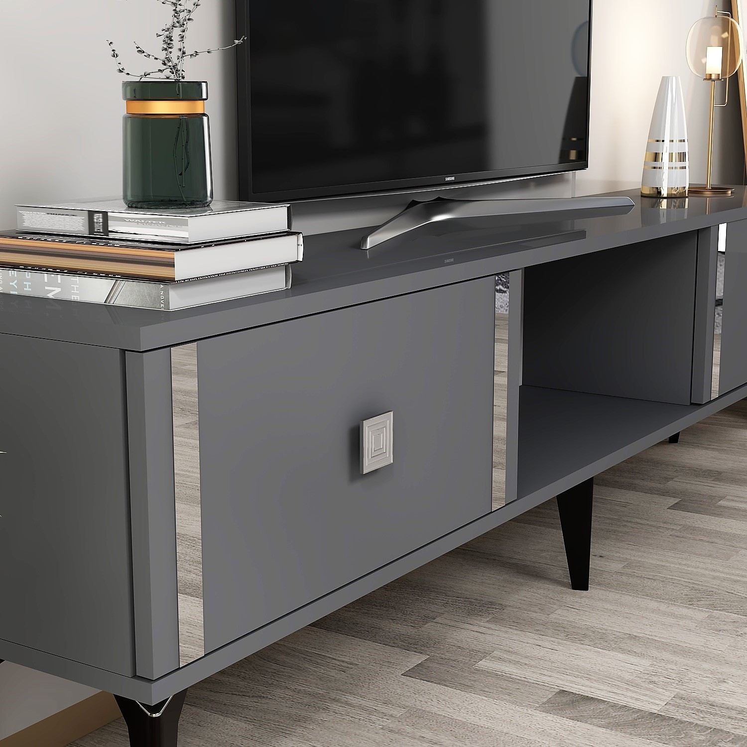Móvel de TV – 150 cm largura – Antracite e Prata – Painéis de partículas revestidos a melamina