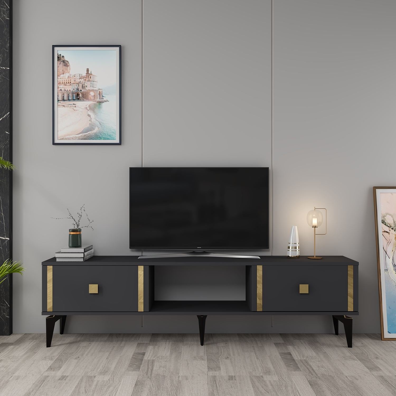 Móvel de TV – 150 cm x 44,6 cm x 29,6 cm – Antracite e Dourado – Painéis de partículas revestidos a melamina