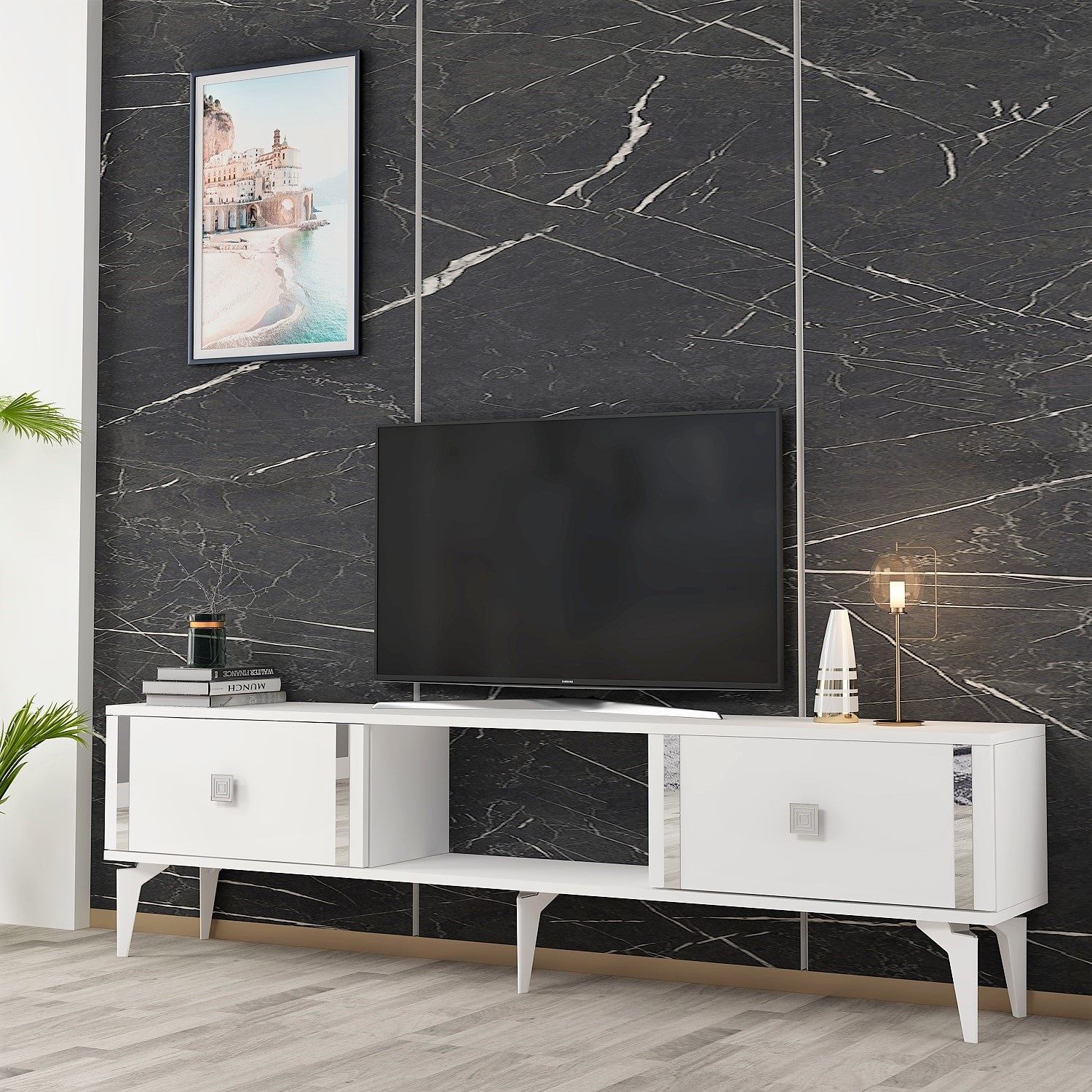 Móvel de TV – 150 cm x 44,6 cm x 29,6 cm – Branco e Prata – Painéis de partículas revestidos a melamina