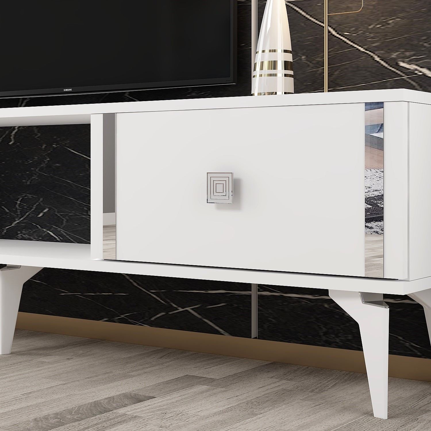 Móvel de TV – 150 cm x 44,6 cm x 29,6 cm – Branco e Prata – Painéis de partículas revestidos a melamina