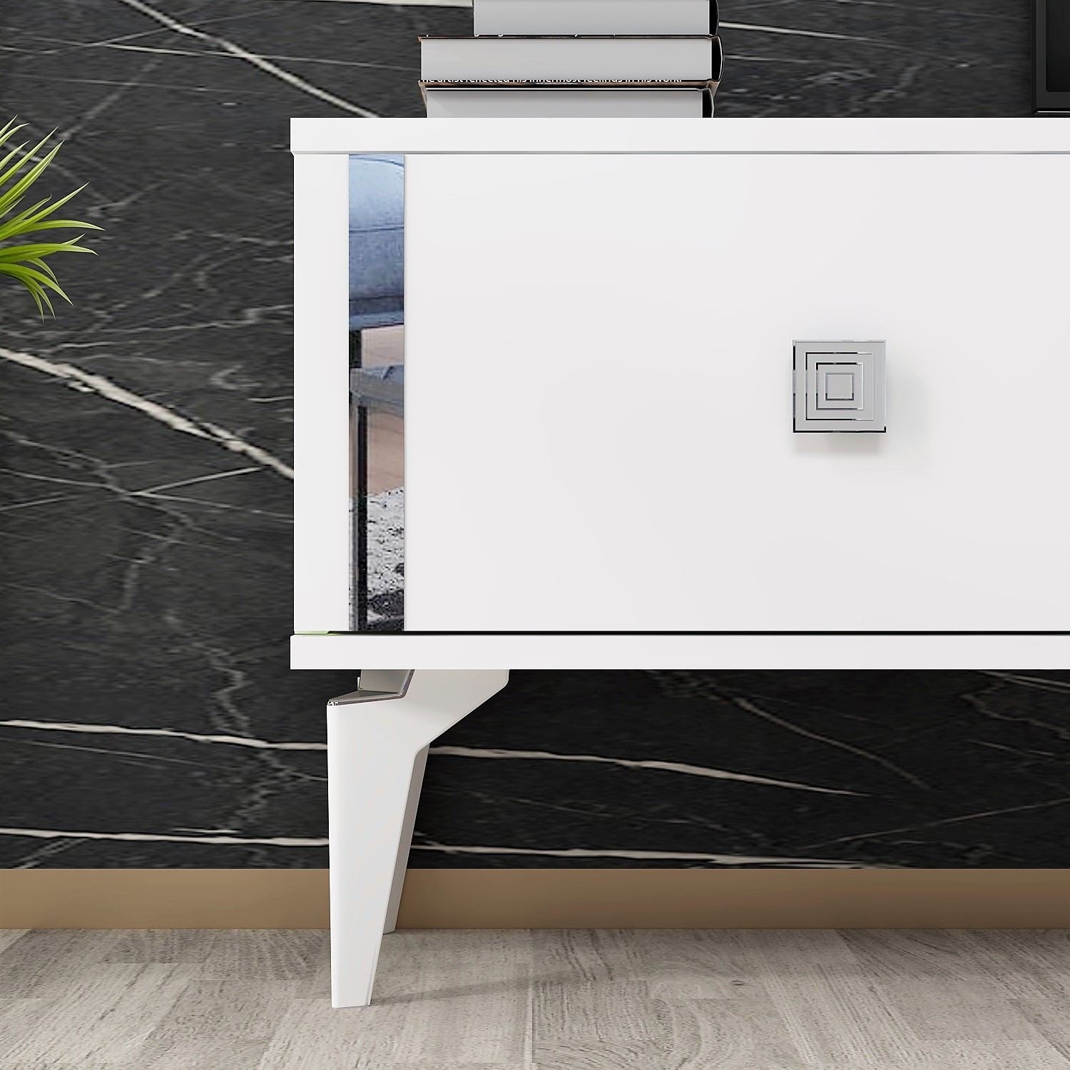 Móvel de TV – 150 cm x 44,6 cm x 29,6 cm – Branco e Prata – Painéis de partículas revestidos a melamina