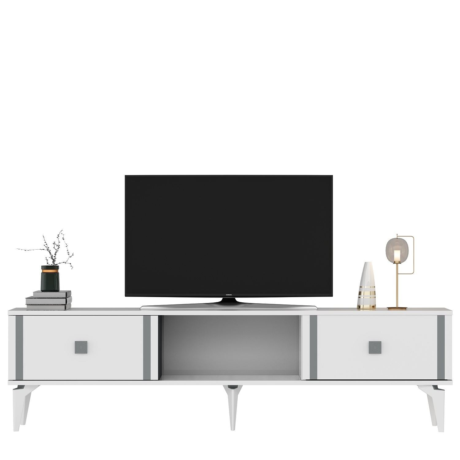 Móvel de TV – 150 cm x 44,6 cm x 29,6 cm – Branco e Prata – Painéis de partículas revestidos a melamina