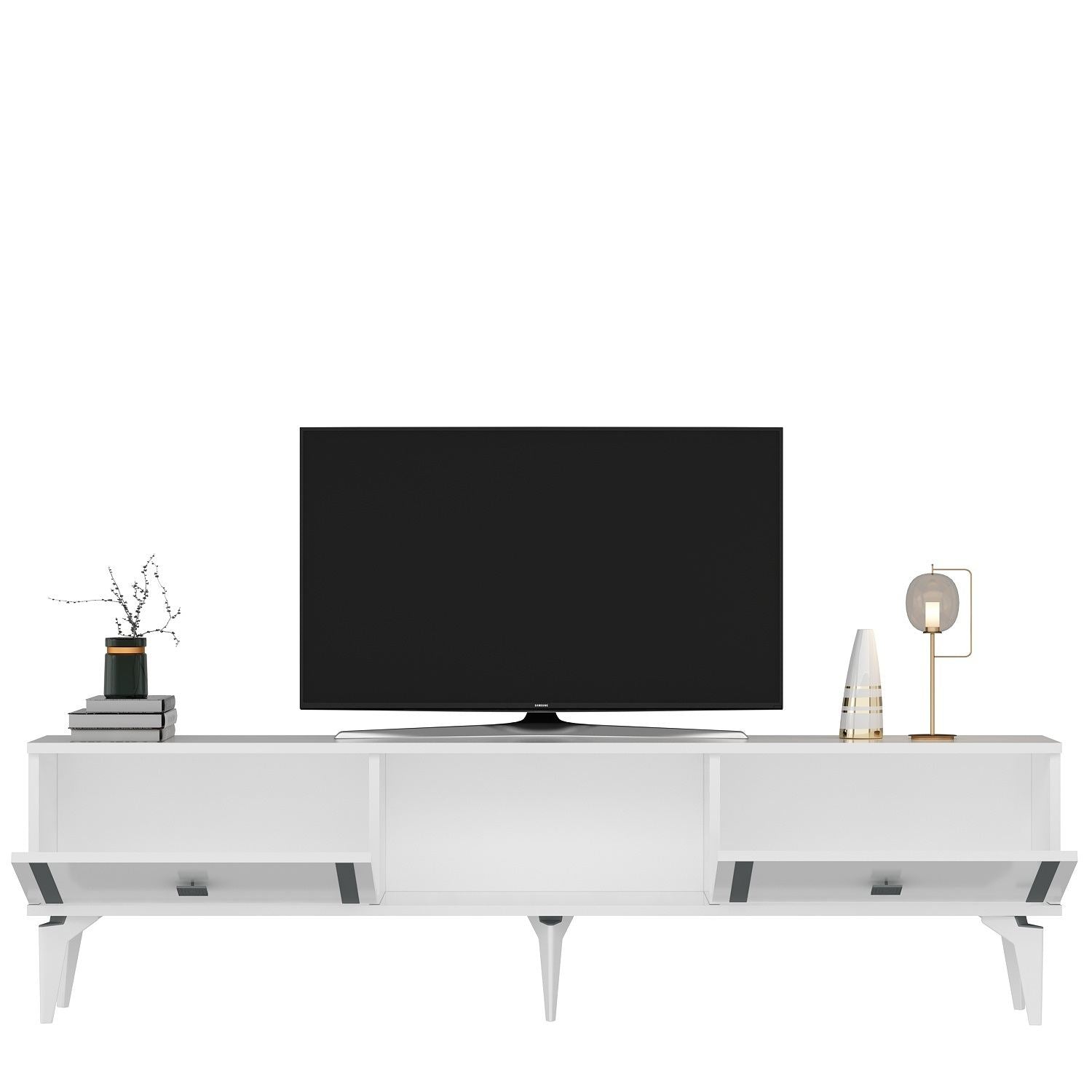 Móvel de TV – 150 cm x 44,6 cm x 29,6 cm – Branco e Prata – Painéis de partículas revestidos a melamina