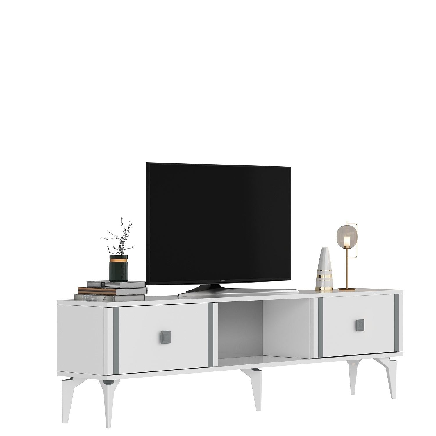 Móvel de TV – 150 cm x 44,6 cm x 29,6 cm – Branco e Prata – Painéis de partículas revestidos a melamina
