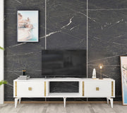 Móvel de TV – 150cm x 44.6cm x 29.6cm – Branco e dourado – Painel de partículas revestido a melamina