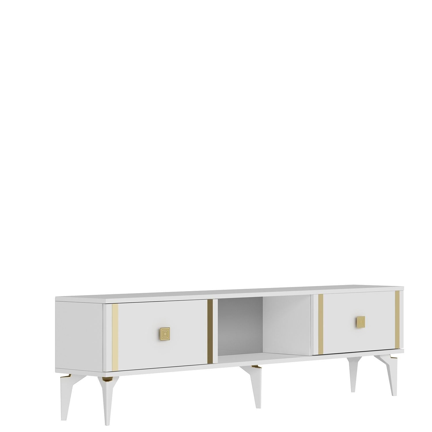 Móvel de TV – 150cm x 44.6cm x 29.6cm – Branco e dourado – Painel de partículas revestido a melamina