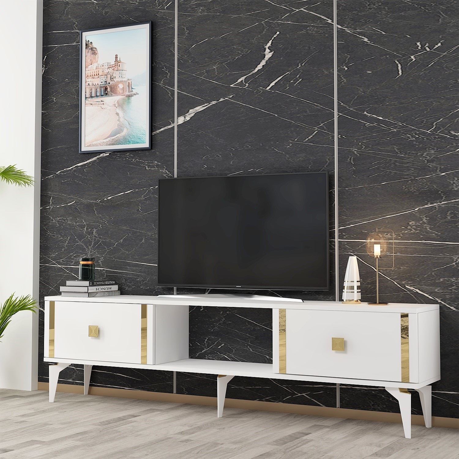 Móvel de TV – 150cm x 44.6cm x 29.6cm – Branco e dourado – Painel de partículas revestido a melamina