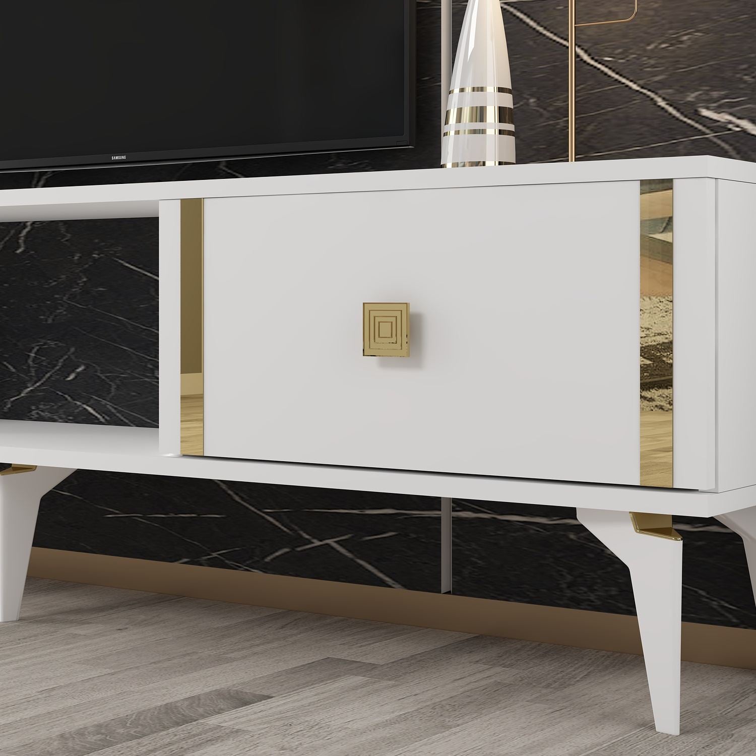 Móvel de TV – 150cm x 44.6cm x 29.6cm – Branco e dourado – Painel de partículas revestido a melamina