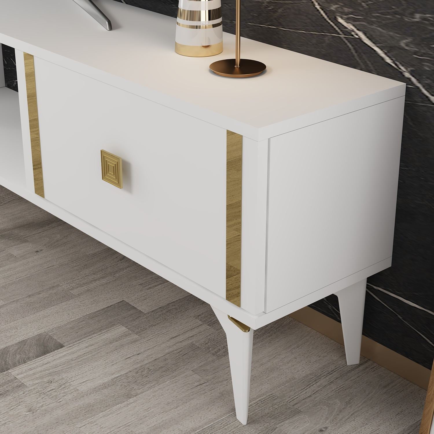 Móvel de TV – 150cm x 44.6cm x 29.6cm – Branco e dourado – Painel de partículas revestido a melamina