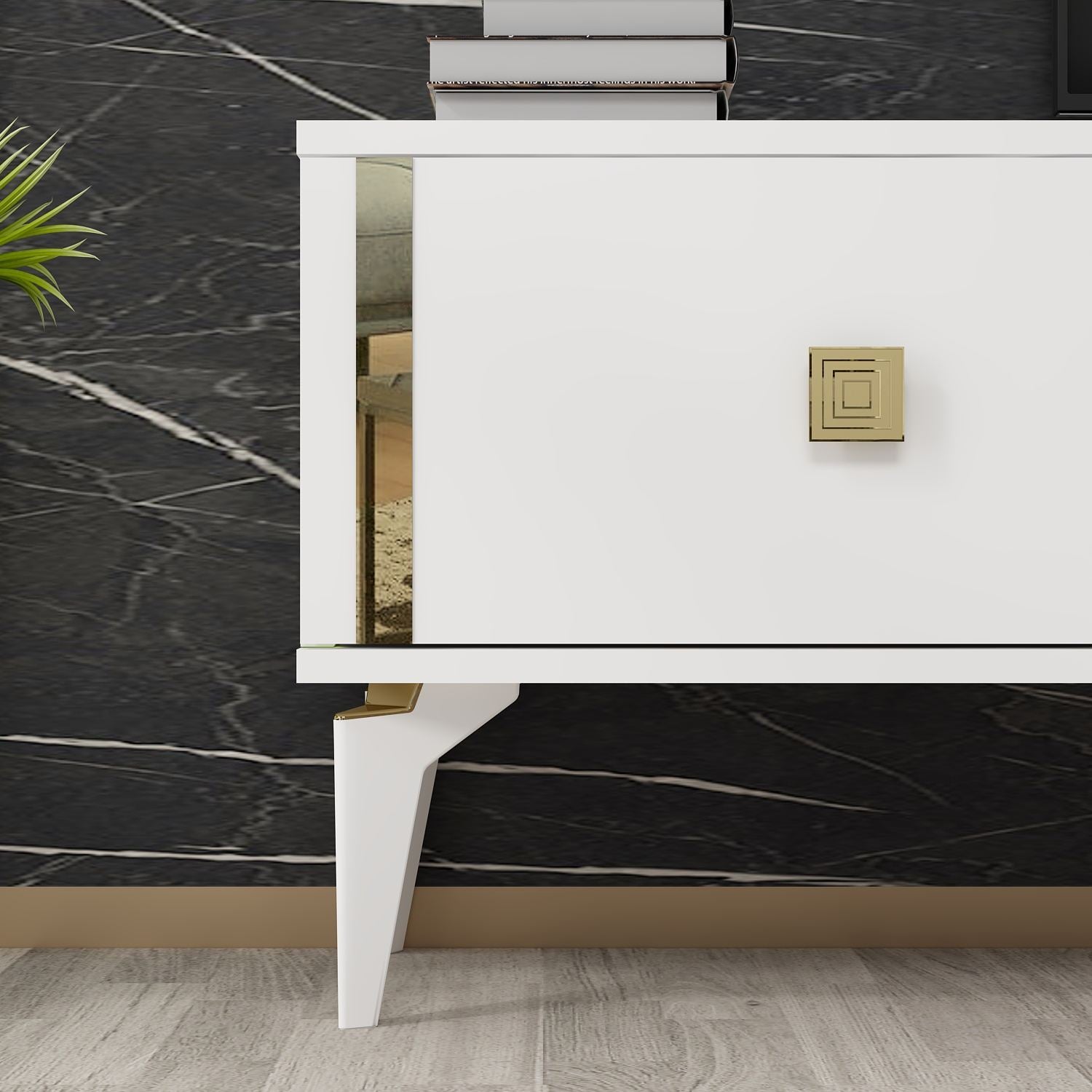 Móvel de TV – 150cm x 44.6cm x 29.6cm – Branco e dourado – Painel de partículas revestido a melamina