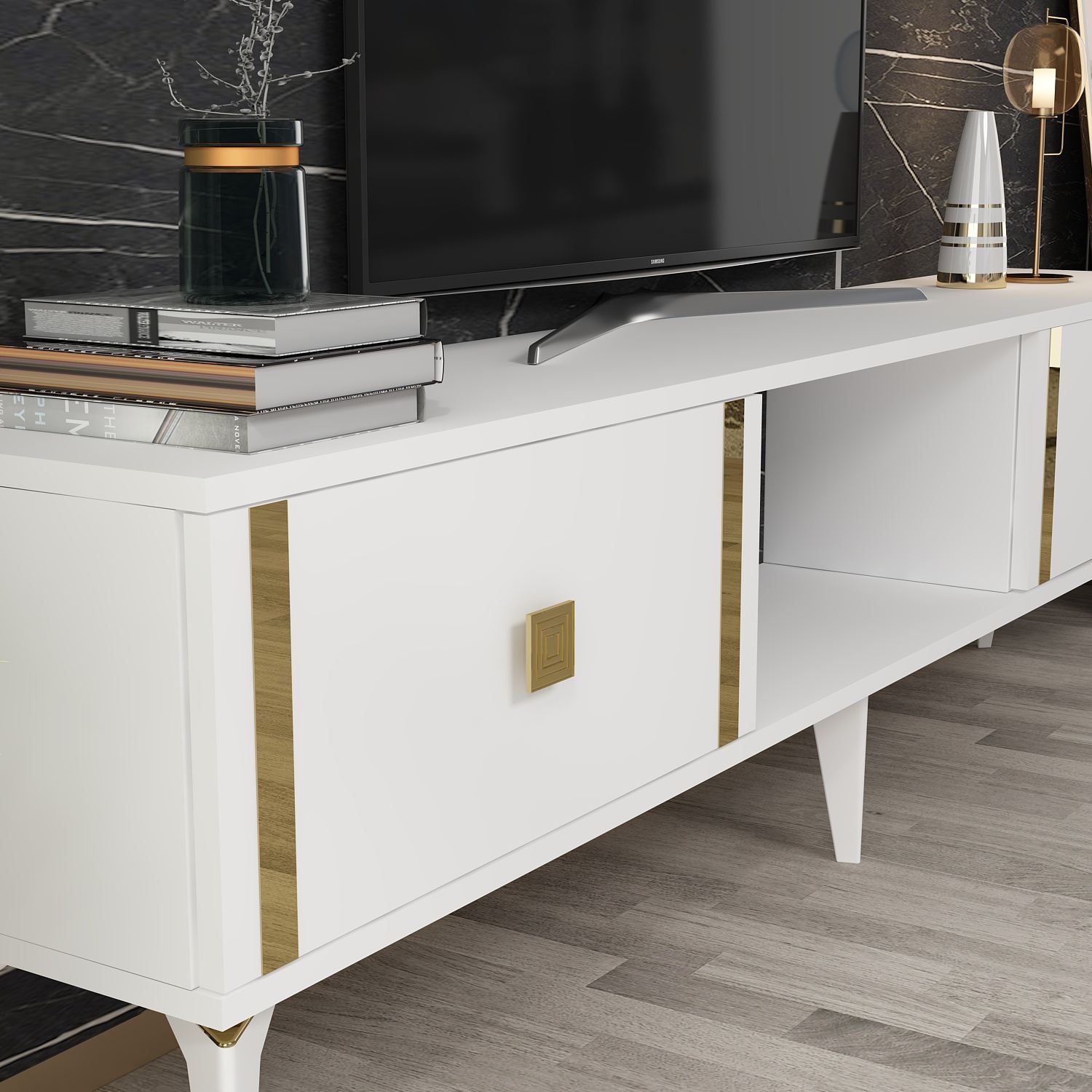 Móvel de TV – 150cm x 44.6cm x 29.6cm – Branco e dourado – Painel de partículas revestido a melamina