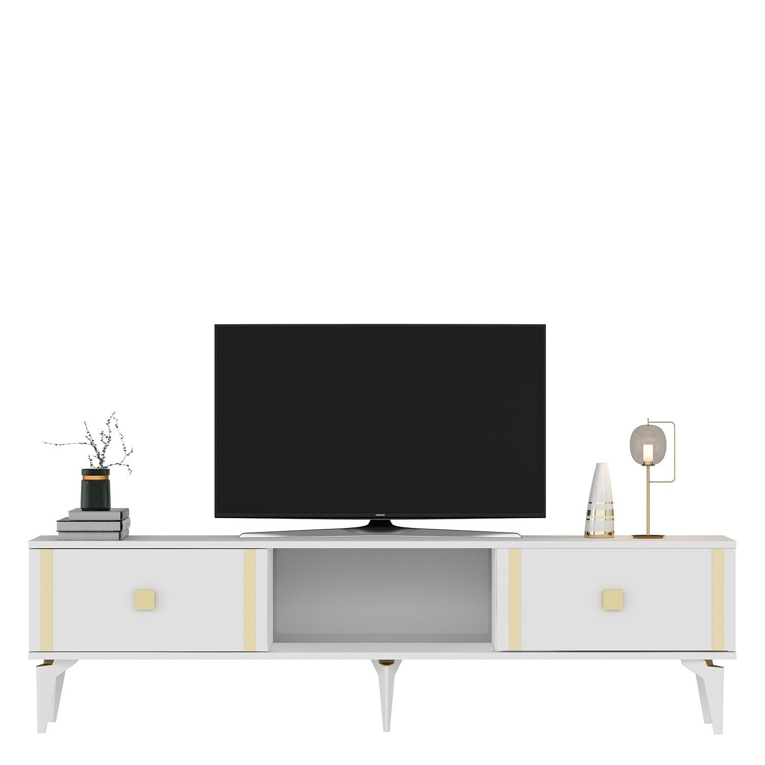 Móvel de TV – 150cm x 44.6cm x 29.6cm – Branco e dourado – Painel de partículas revestido a melamina
