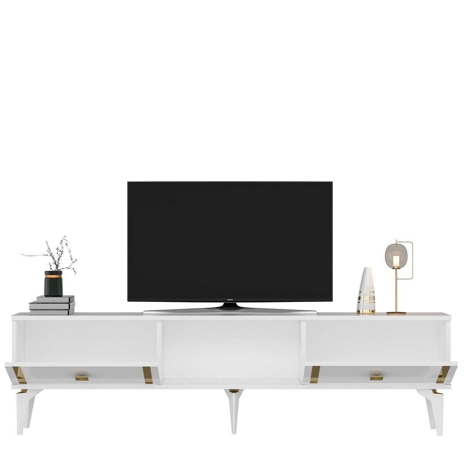 Móvel de TV – 150cm x 44.6cm x 29.6cm – Branco e dourado – Painel de partículas revestido a melamina