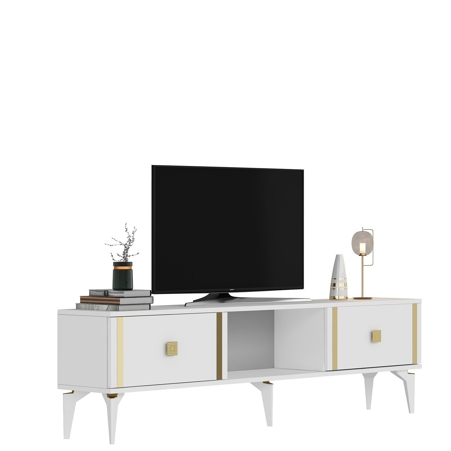 Móvel de TV – 150cm x 44.6cm x 29.6cm – Branco e dourado – Painel de partículas revestido a melamina