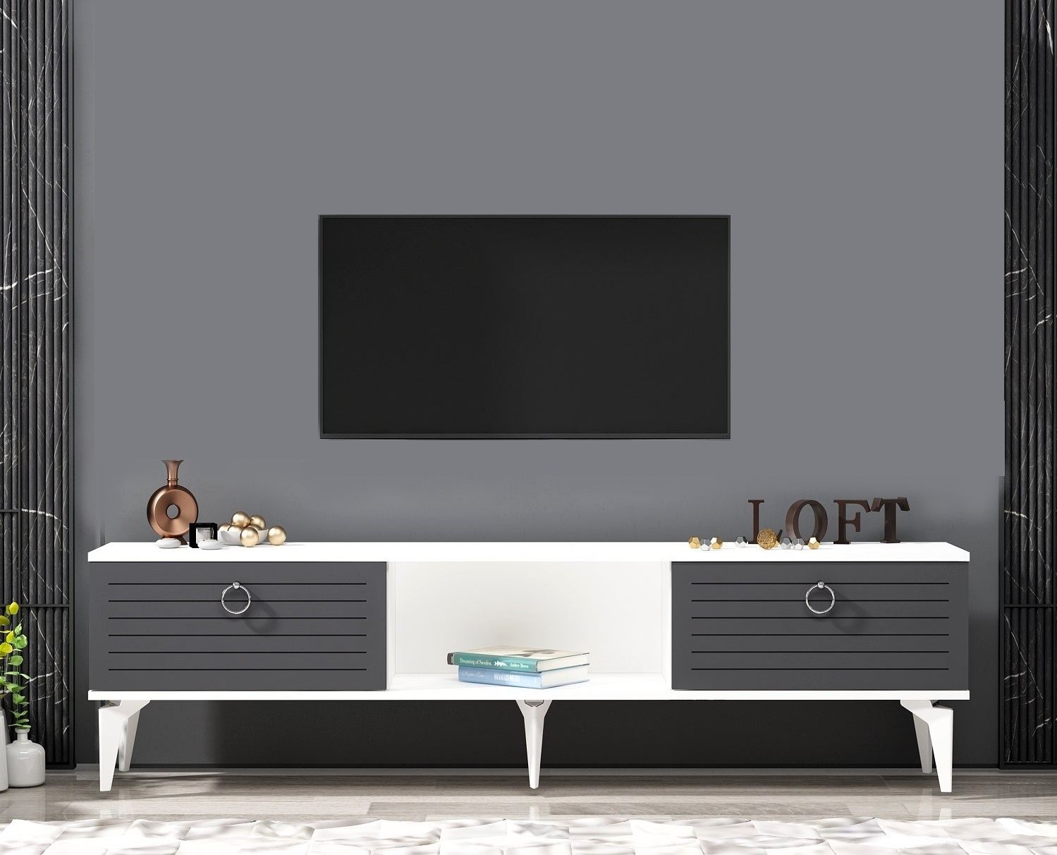 Móvel de TV – 150 cm x 44.6 cm x 29.6 cm – Branco e Antracite – Painéis de partículas revestidos a melamina