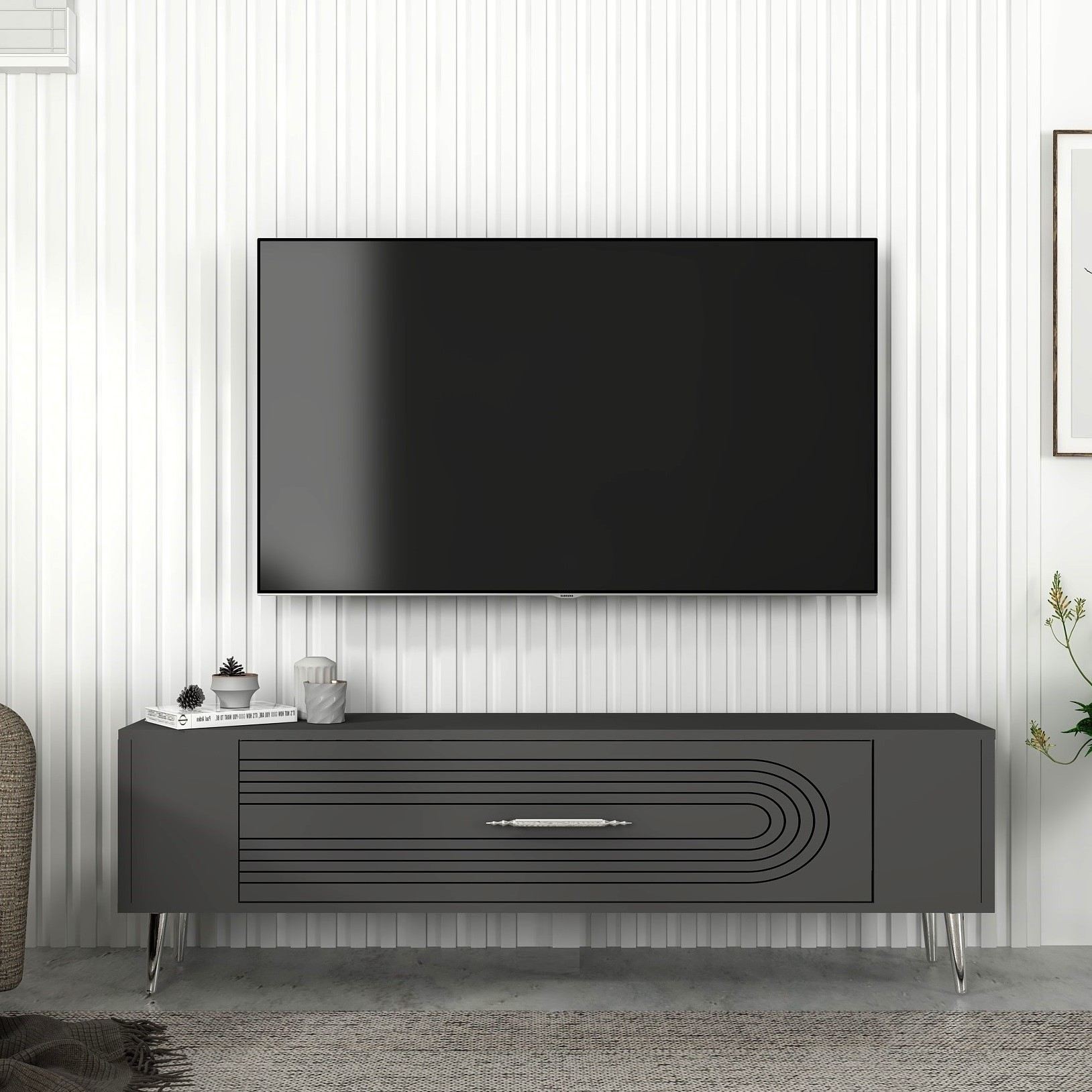 Móvel de TV – 120 cm x 48,2 cm x 26,4 cm – Antracite e Prata – Melamina