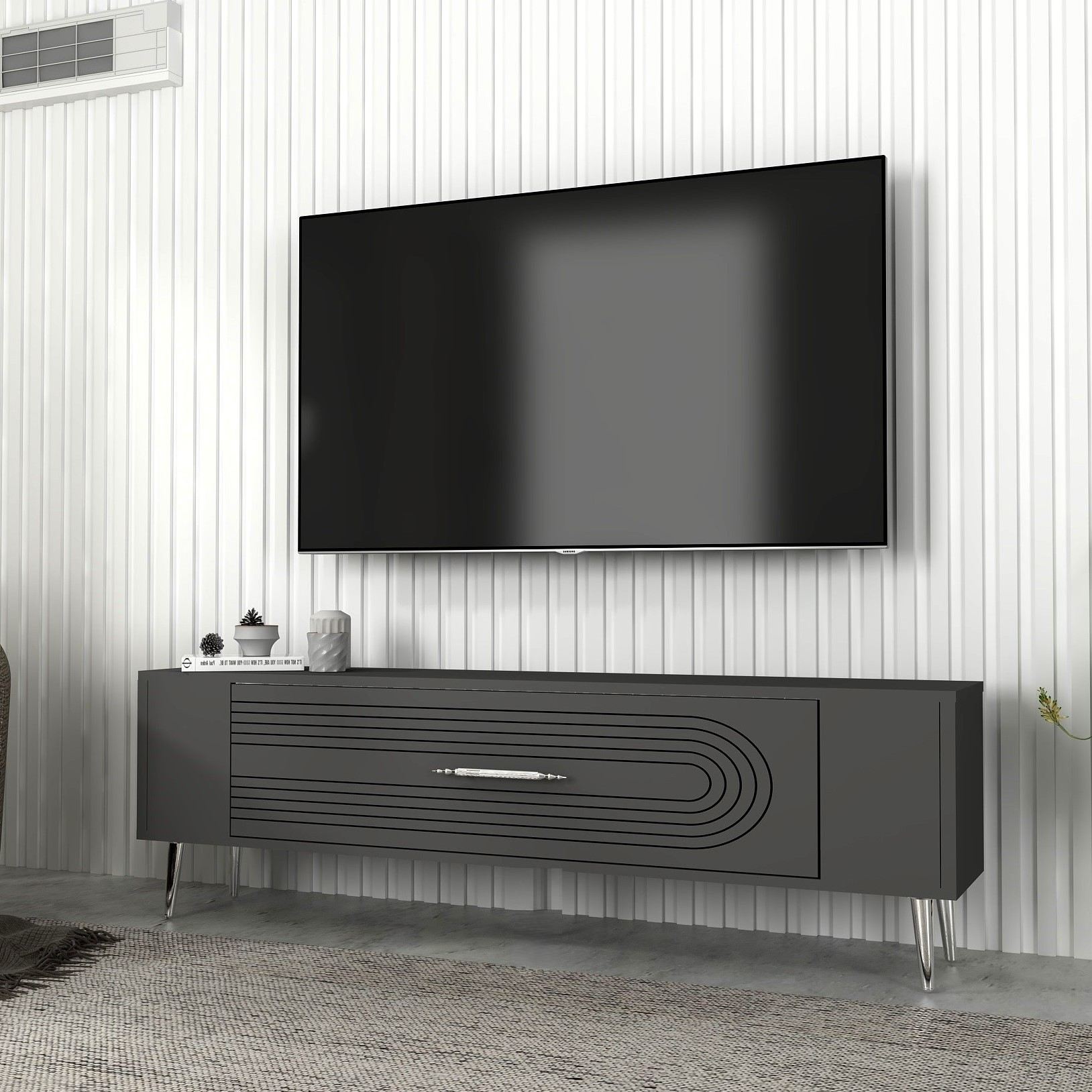 Móvel de TV – 120 cm x 48,2 cm x 26,4 cm – Antracite e Prata – Melamina