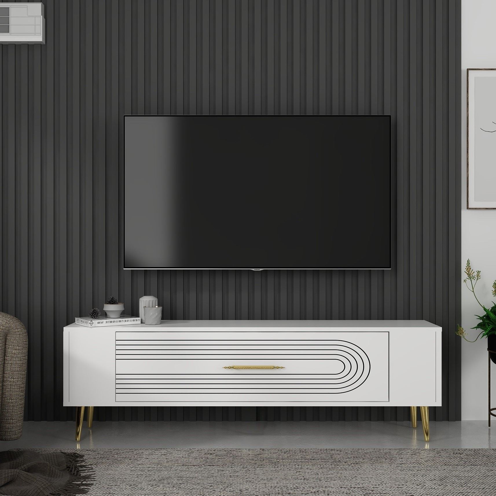 Móvel de TV – 120 cm x 48.2 cm x 26.4 cm – Branco e Dourado – Painel de partículas revestido a melamina