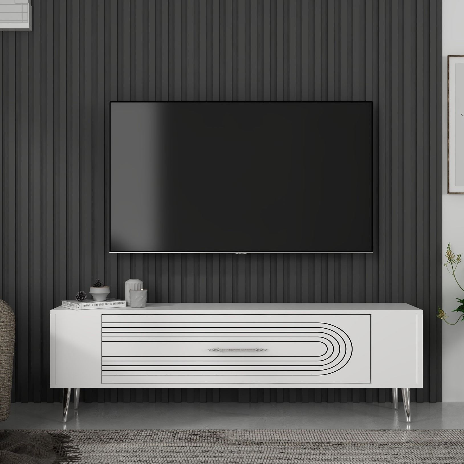Móvel de TV – 120 cm x 48,2 cm x 26,4 cm – Branco e Prata – Painéis de partículas revestidos a melamina