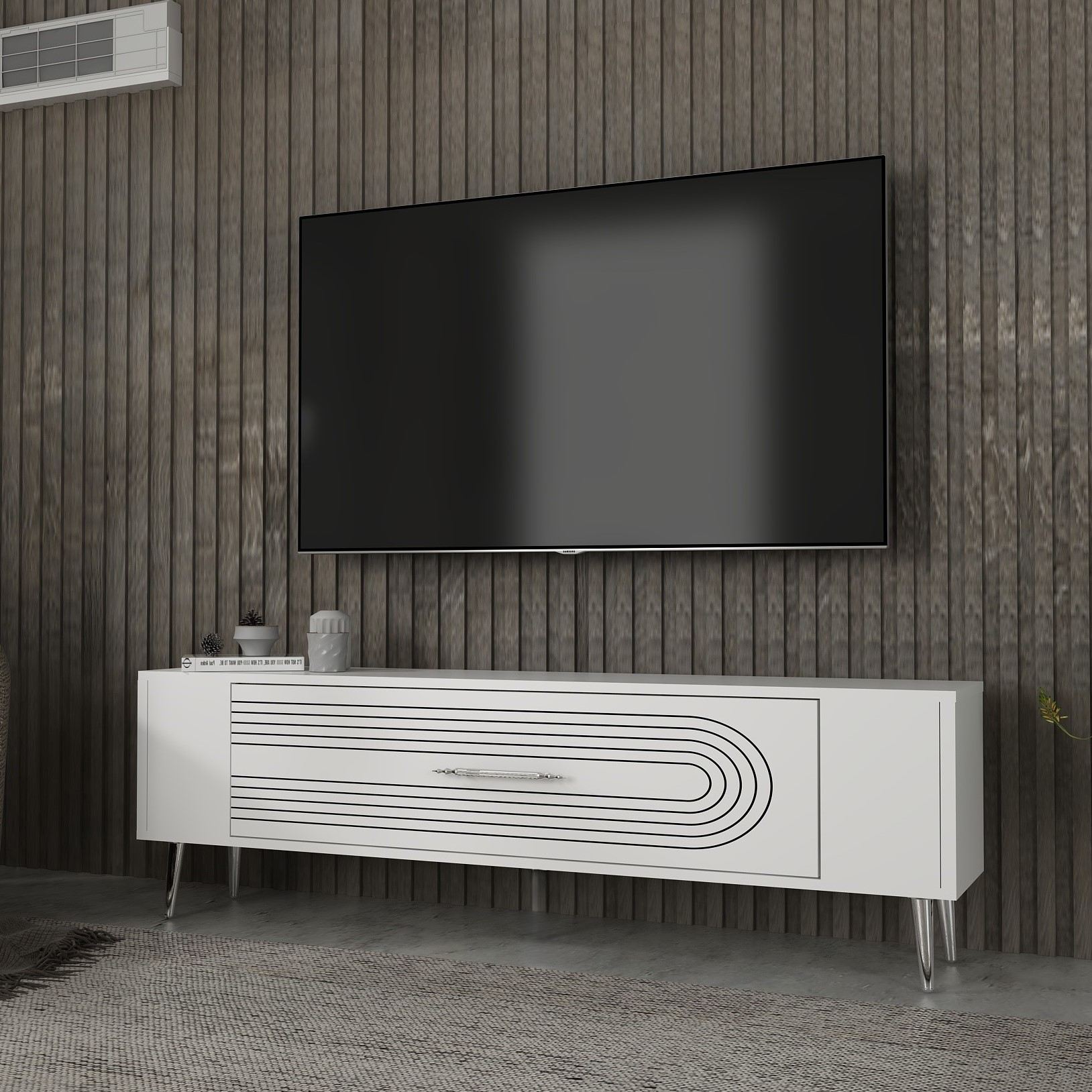 Móvel de TV – 120 cm x 48,2 cm x 26,4 cm – Branco e Prata – Painéis de partículas revestidos a melamina