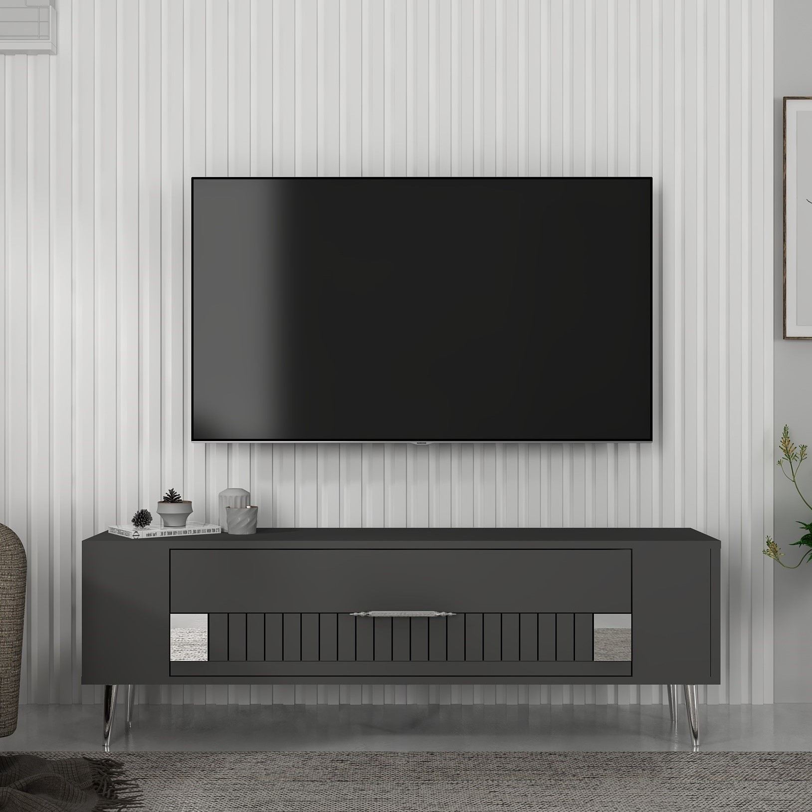 Móvel de TV – 120 cm x 48,2 cm x 26,4 cm – Antracite e Prata – Painel de partículas revestido a melamina