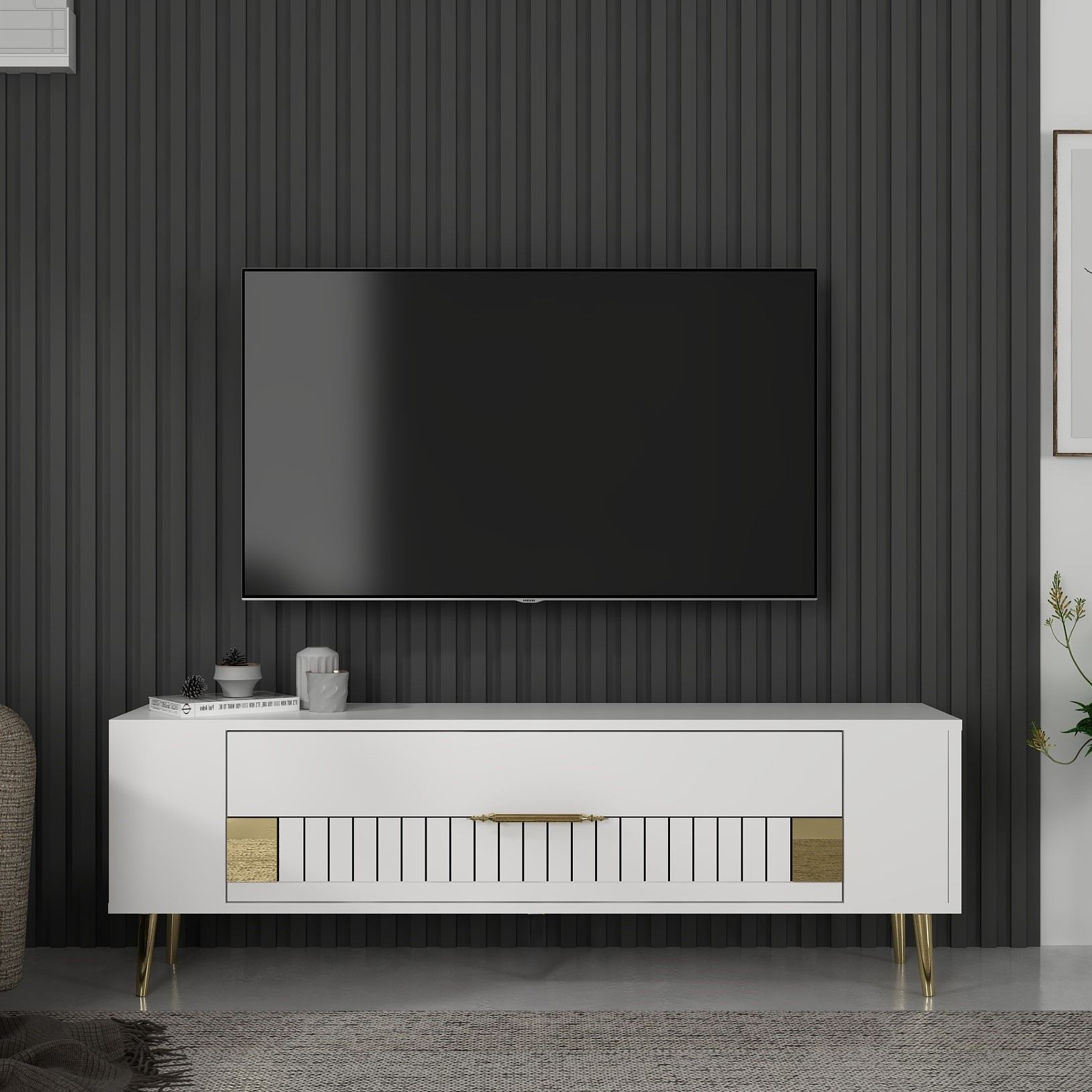 Móvel de TV – 120 cm x 48,2 cm x 26,4 cm – Branco e Dourado – Painéis de partículas revestidos a melamina