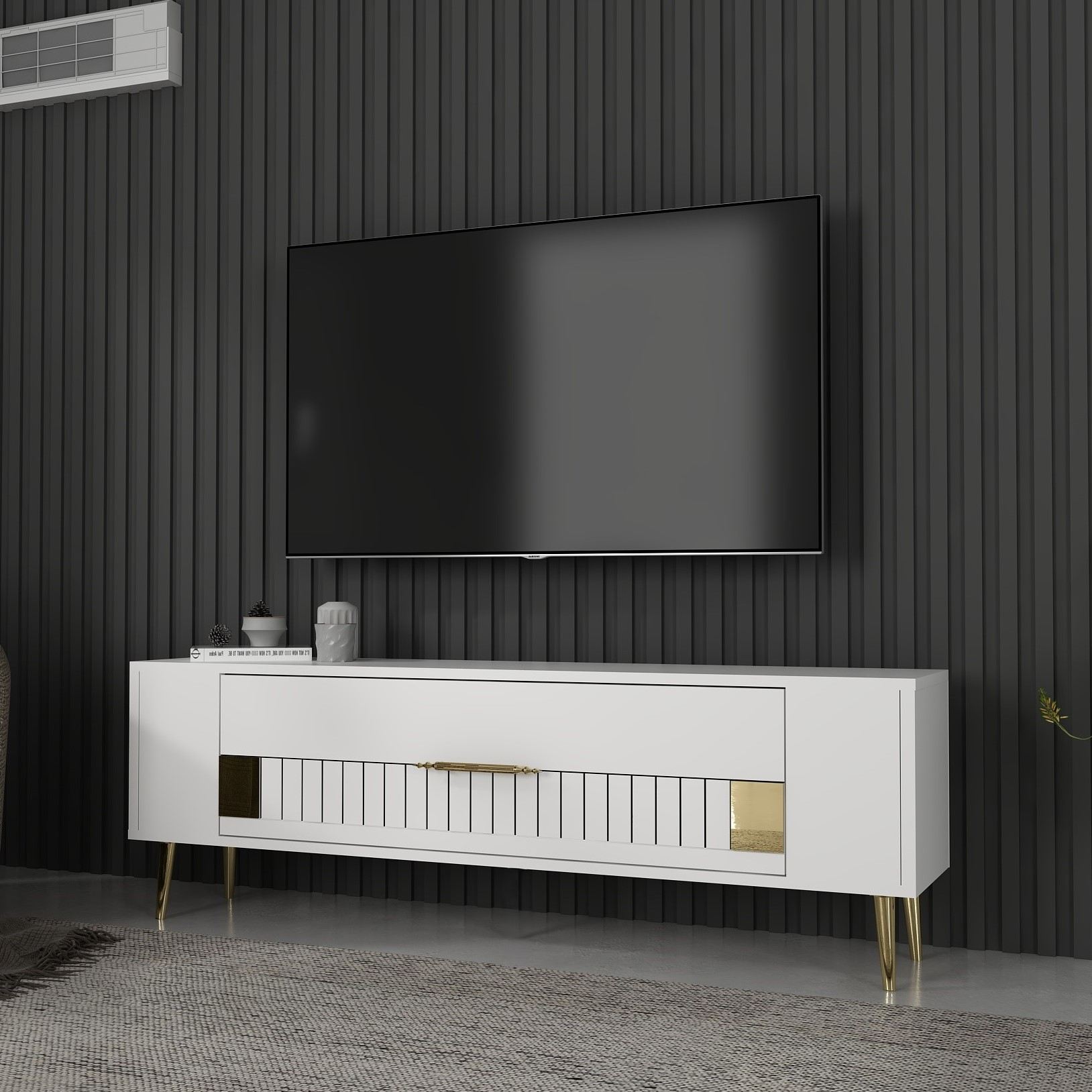 Móvel de TV – 120 cm x 48,2 cm x 26,4 cm – Branco e Dourado – Painéis de partículas revestidos a melamina