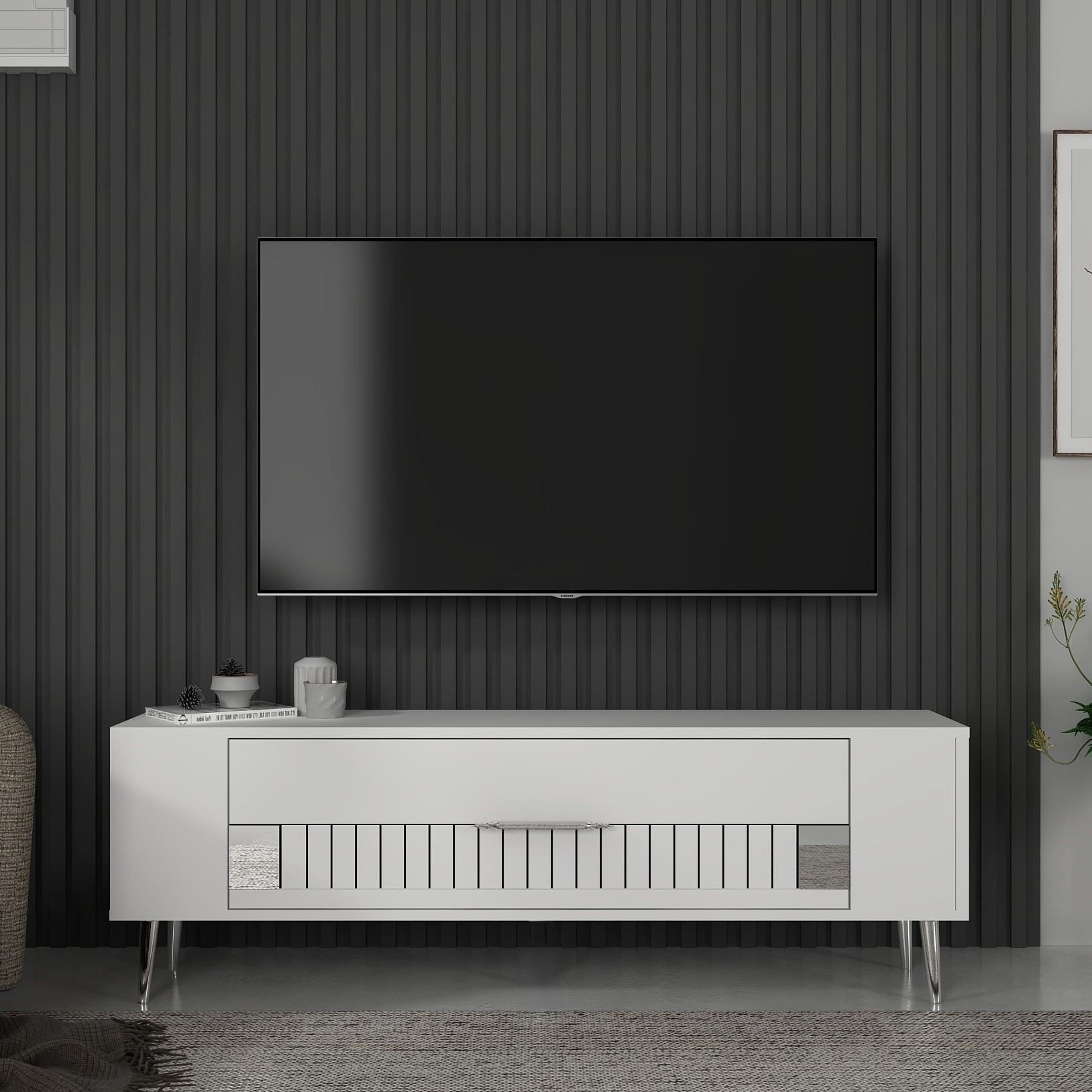 Móvel de TV – 120 cm x 48,2 cm x 26,4 cm – Branco e Prata – Painel de partículas revestido a melamina