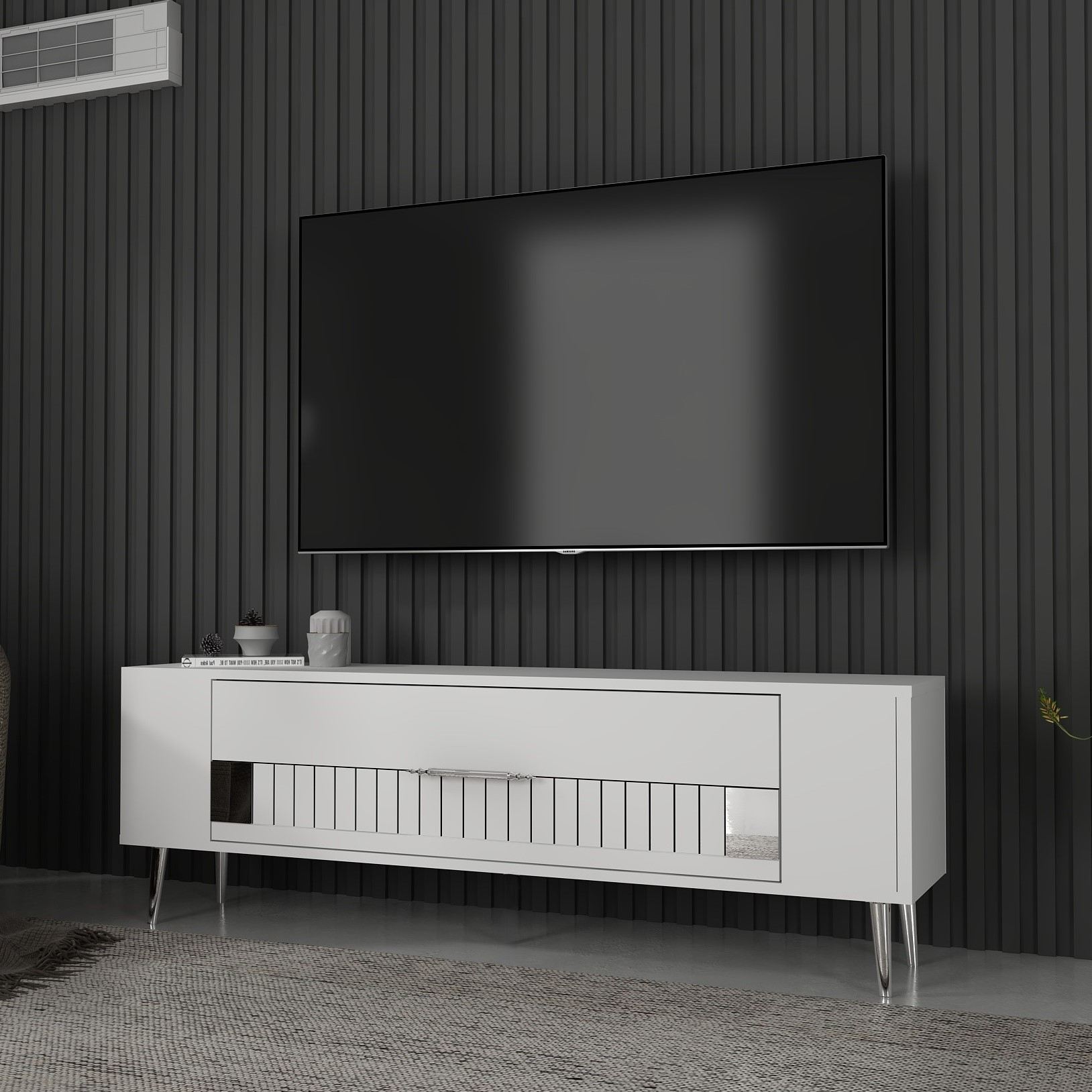 Móvel de TV – 120 cm x 48,2 cm x 26,4 cm – Branco e Prata – Painel de partículas revestido a melamina