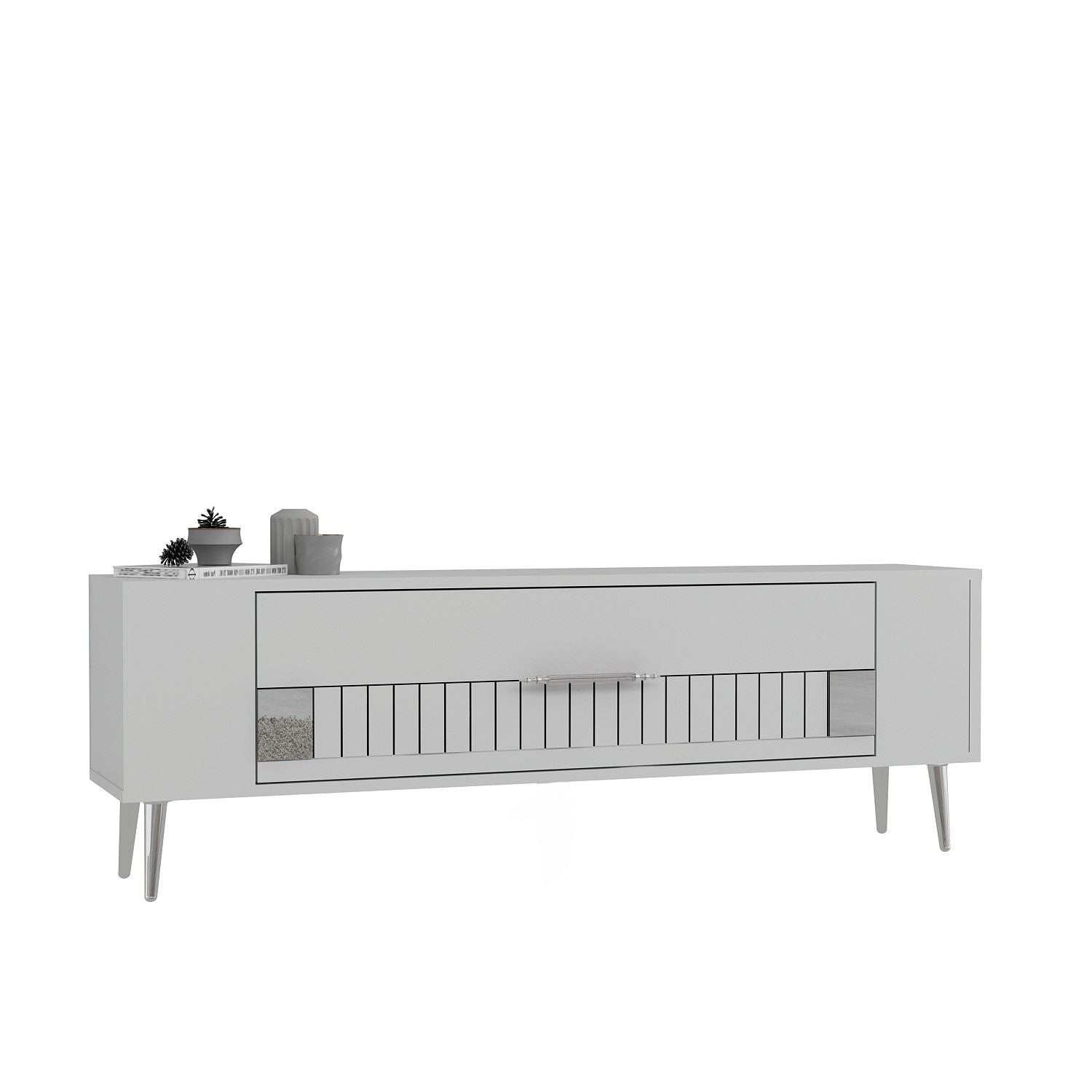 Móvel de TV – 120 cm x 48,2 cm x 26,4 cm – Branco e Prata – Painel de partículas revestido a melamina
