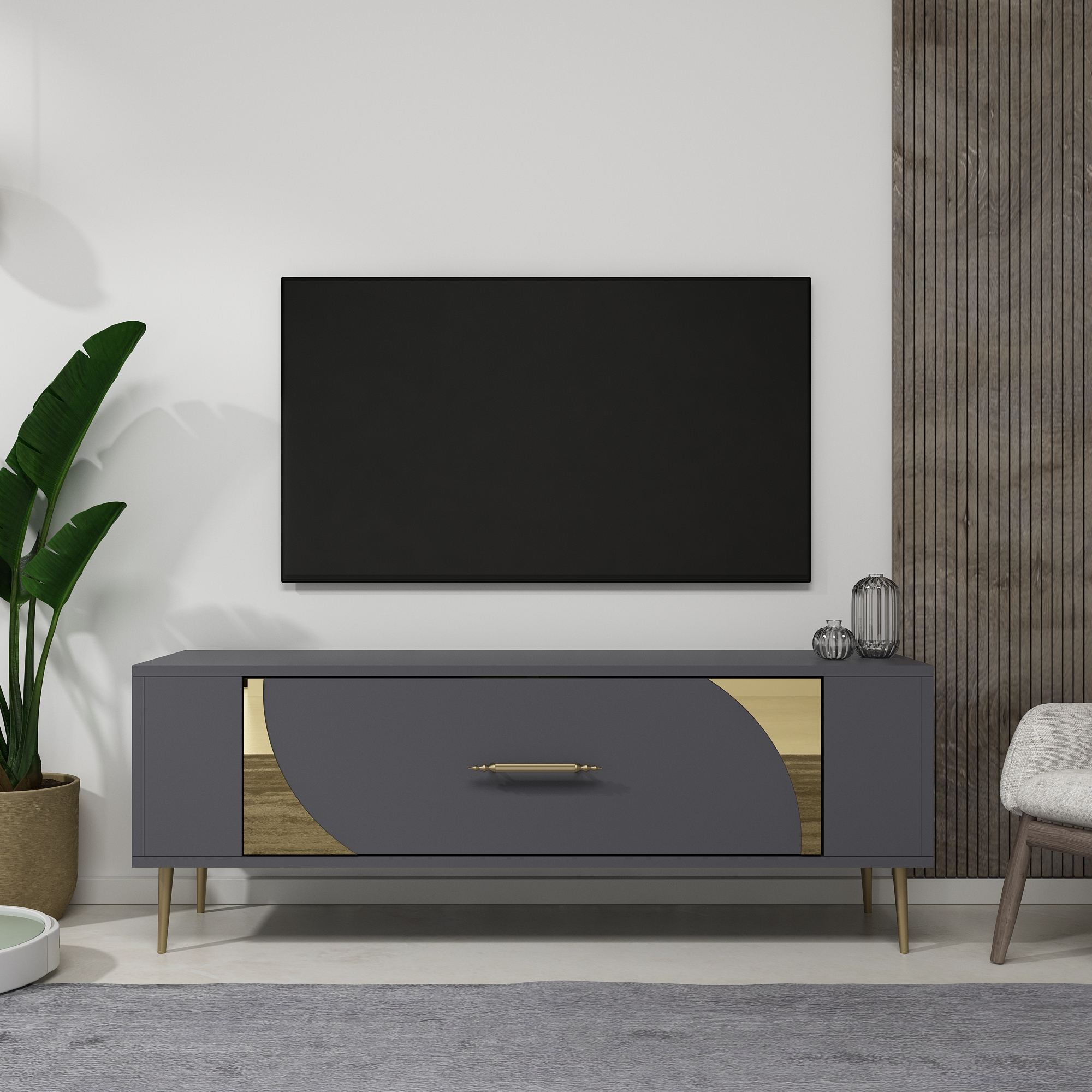 Móvel de TV – 120 cm x 48,2 cm x 26,4 cm – Antracite e Dourado – Painel de partículas revestido a melamina
