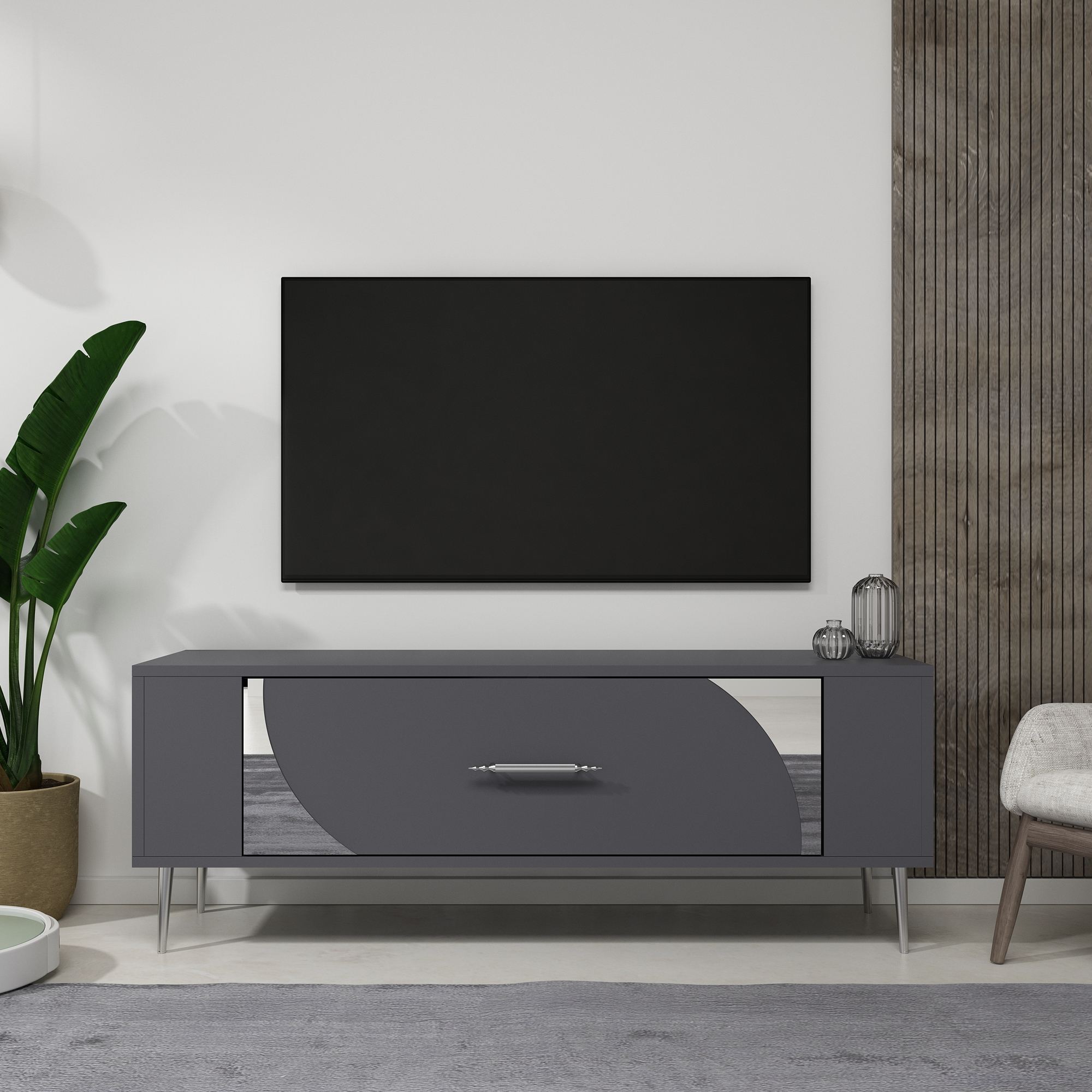 Móvel de TV – 120 cm x 48,2 cm x 26,4 cm – Antracite e Prata – Painel de partículas revestido a melamina