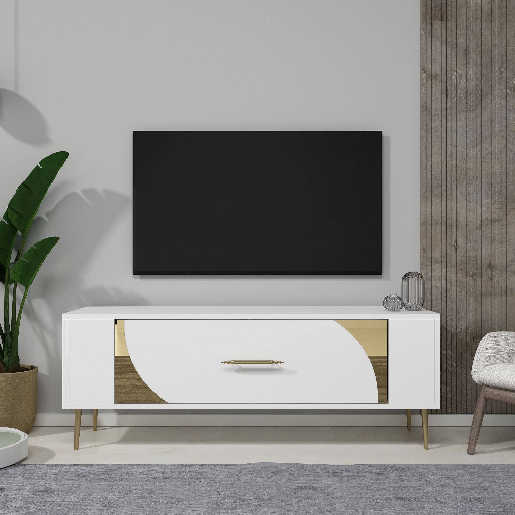 Móvel de TV – 120 cm x 48,2 cm x 26,4 cm – Branco e Dourado – Melamina