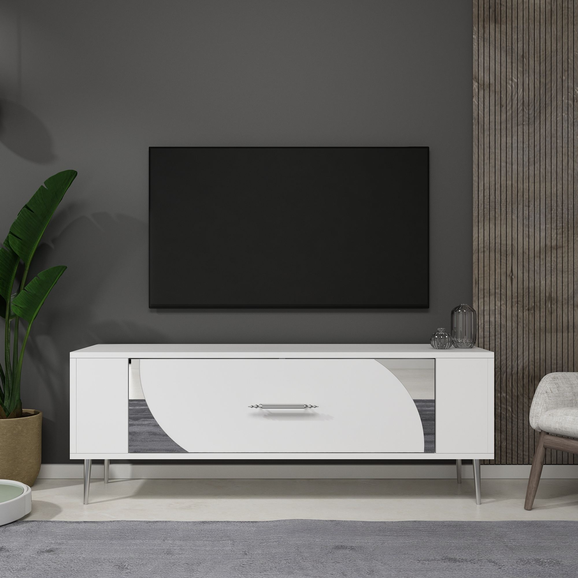 Móvel de TV – 120 cm x 48,2 cm x 26,4 cm – Branco e Prata – Painel de partículas revestido a melamina