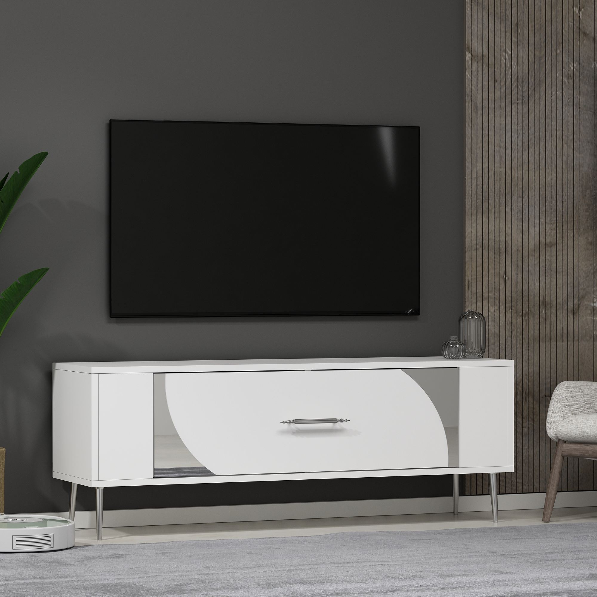 Móvel de TV – 120 cm x 48,2 cm x 26,4 cm – Branco e Prata – Painel de partículas revestido a melamina