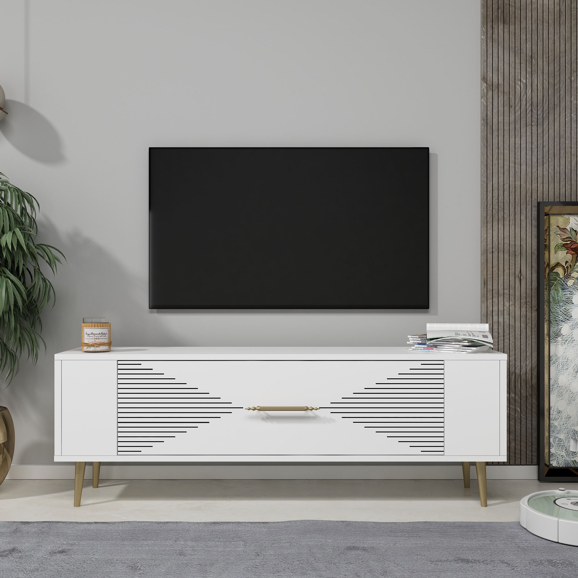 Móvel de TV – 120 cm – Branco e Dourado – Painéis de Partículas