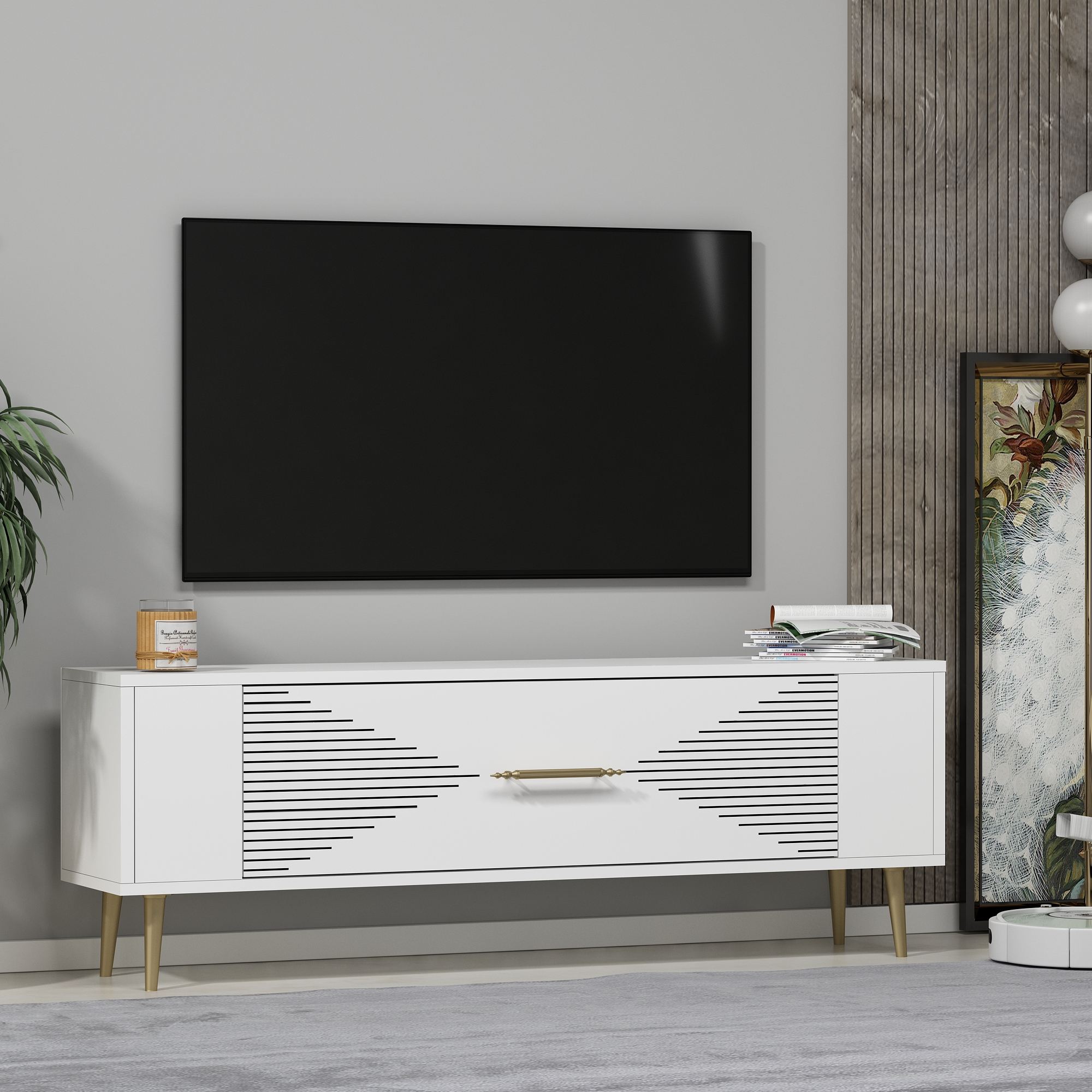 Móvel de TV – 120 cm – Branco e Dourado – Painéis de Partículas