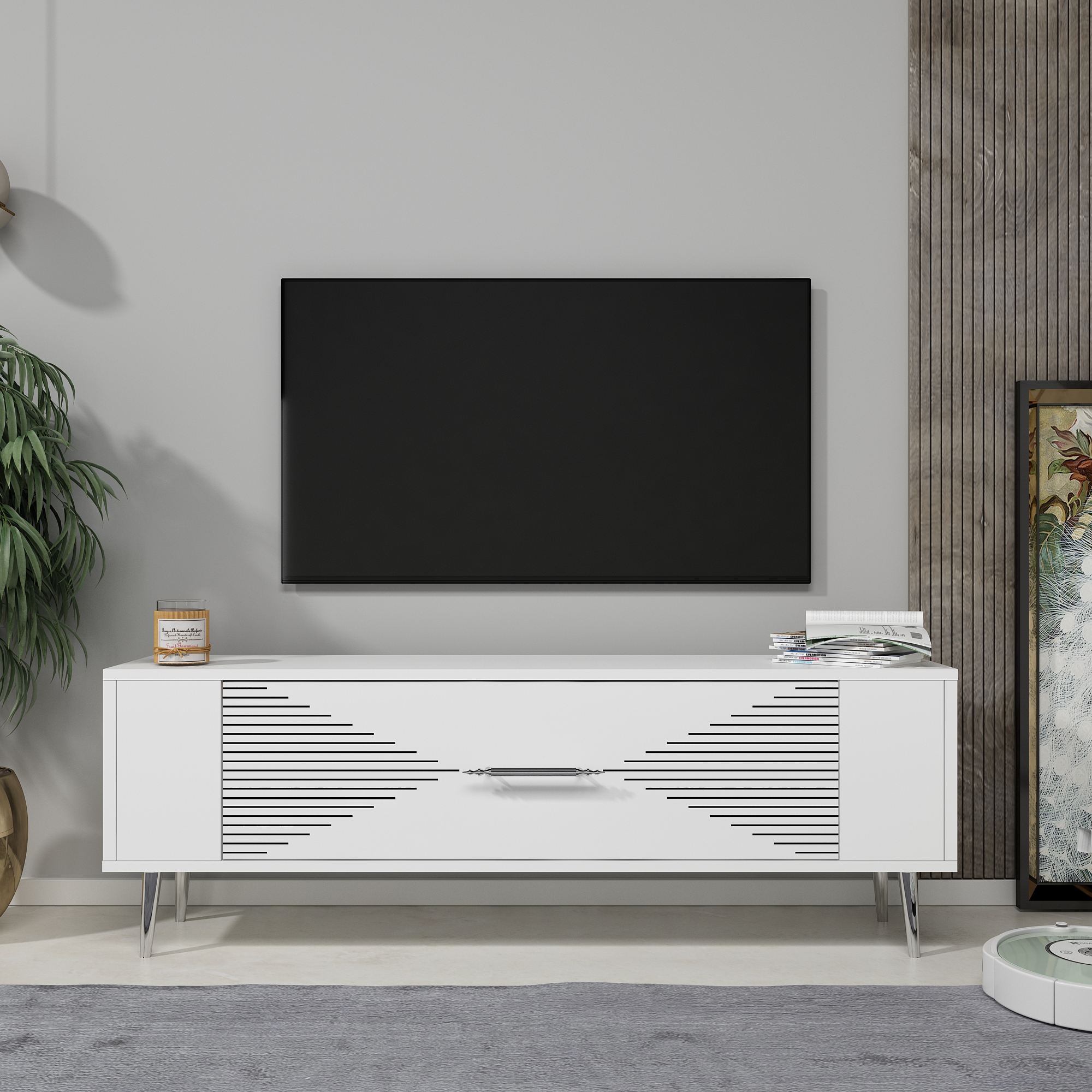 Móvel de TV – 120 cm x 48,2 cm x 26,4 cm – Branco e Prata – Painel de partículas revestido a melamina