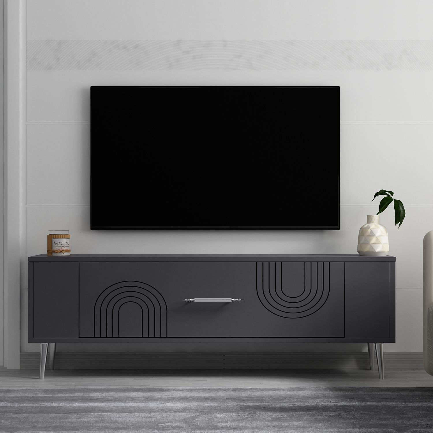 Móvel de TV – 120 cm x 48,2 cm x 26,4 cm – Antracite e Prata – Painel de partículas revestido a melamina