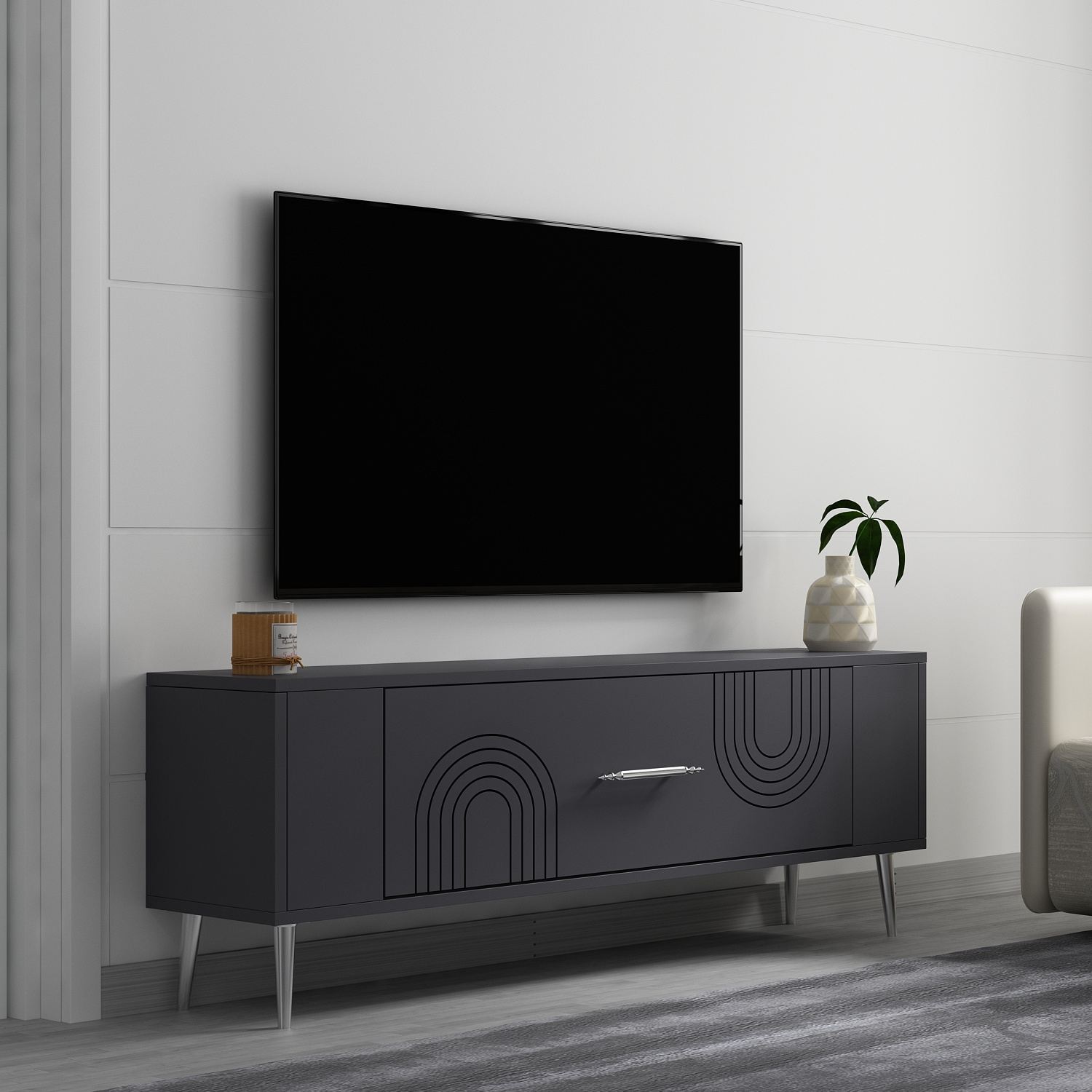 Móvel de TV – 120 cm x 48,2 cm x 26,4 cm – Antracite e Prata – Painel de partículas revestido a melamina