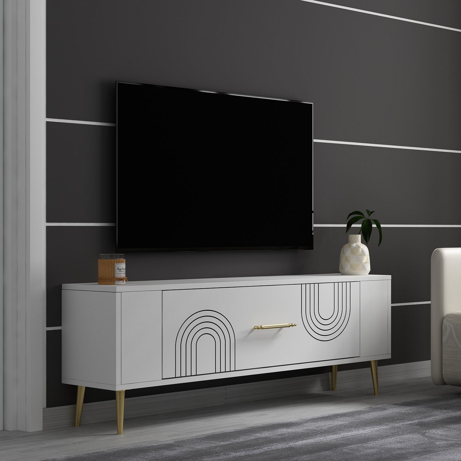 Móvel de TV – 120 cm x 48,2 cm x 26,4 cm – Branco e Dourado – Painéis de Partículas