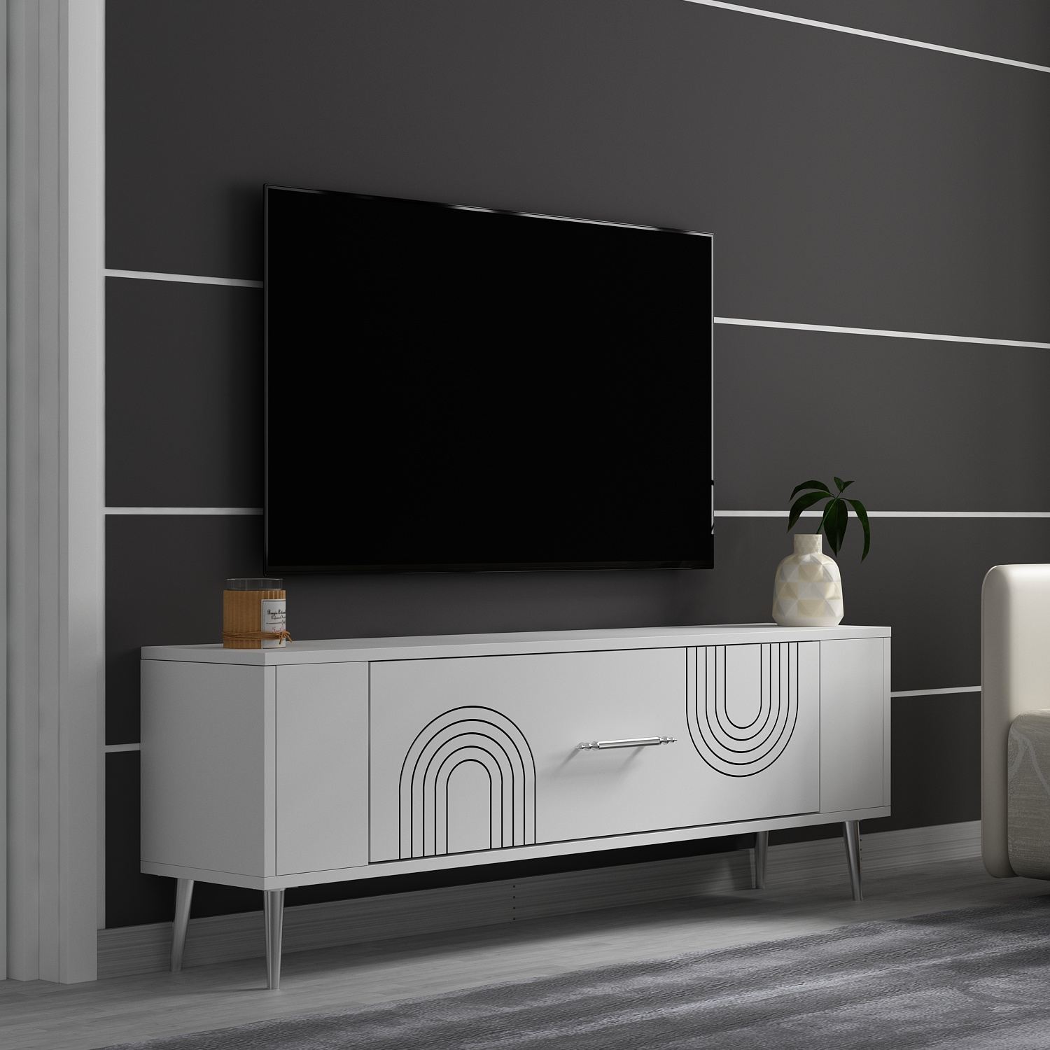 Móvel de TV – 120 cm x 48,2 cm x 26,4 cm – Branco e Prata – Melamina