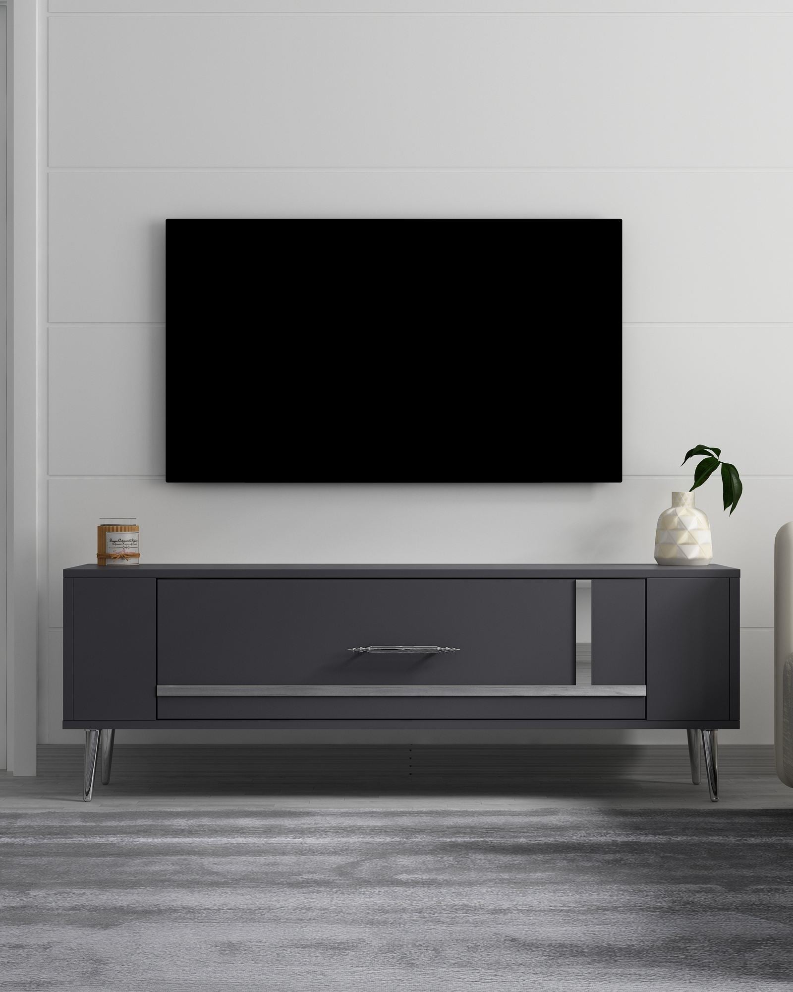 Móvel de TV – 120 cm x 48,2 cm x 26,4 cm – Antracite e Prata – Painéis de partículas revestidos a melamina